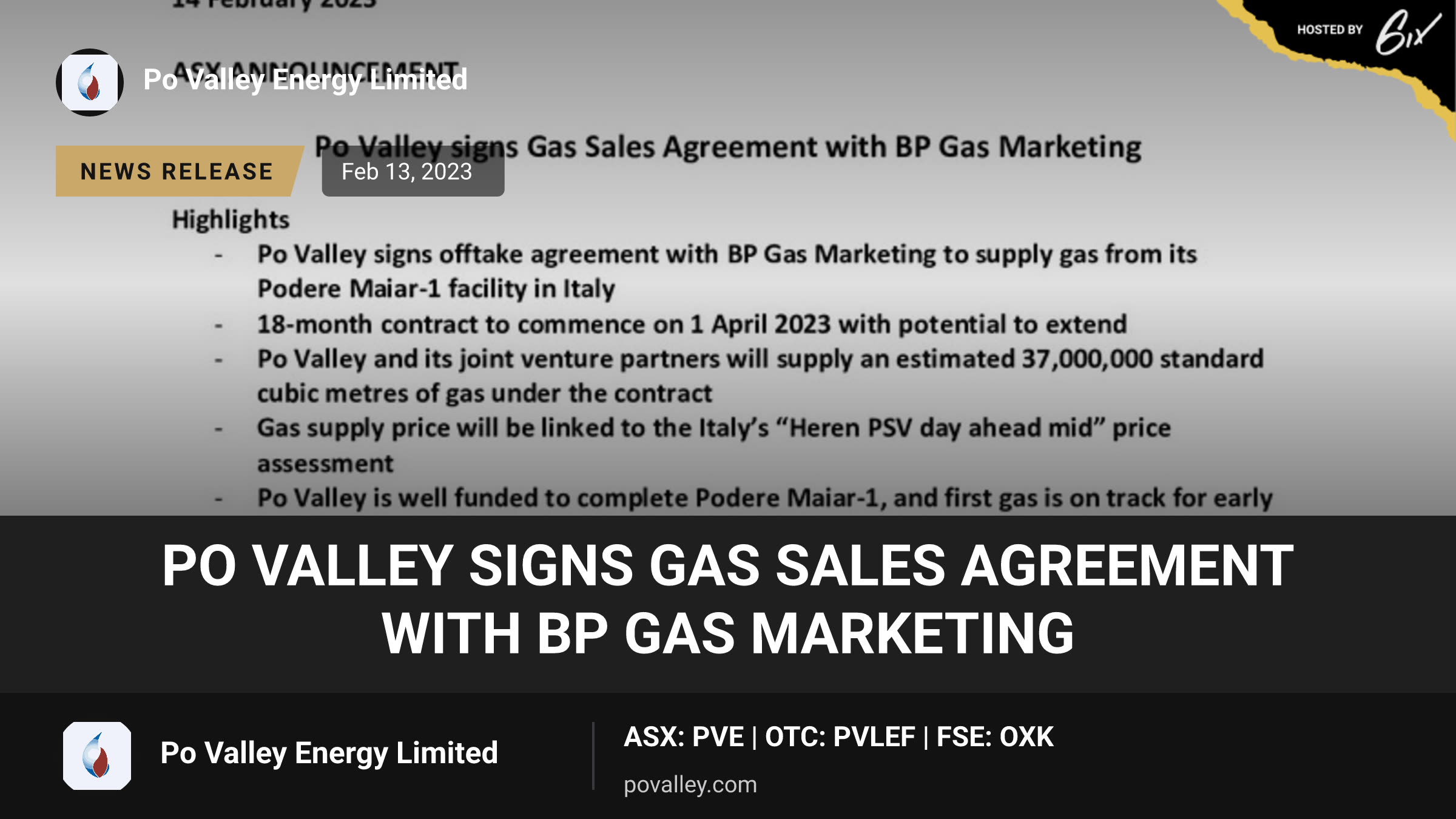 Po Valley signs Gas Sales Agreement with BP Gas Marketing