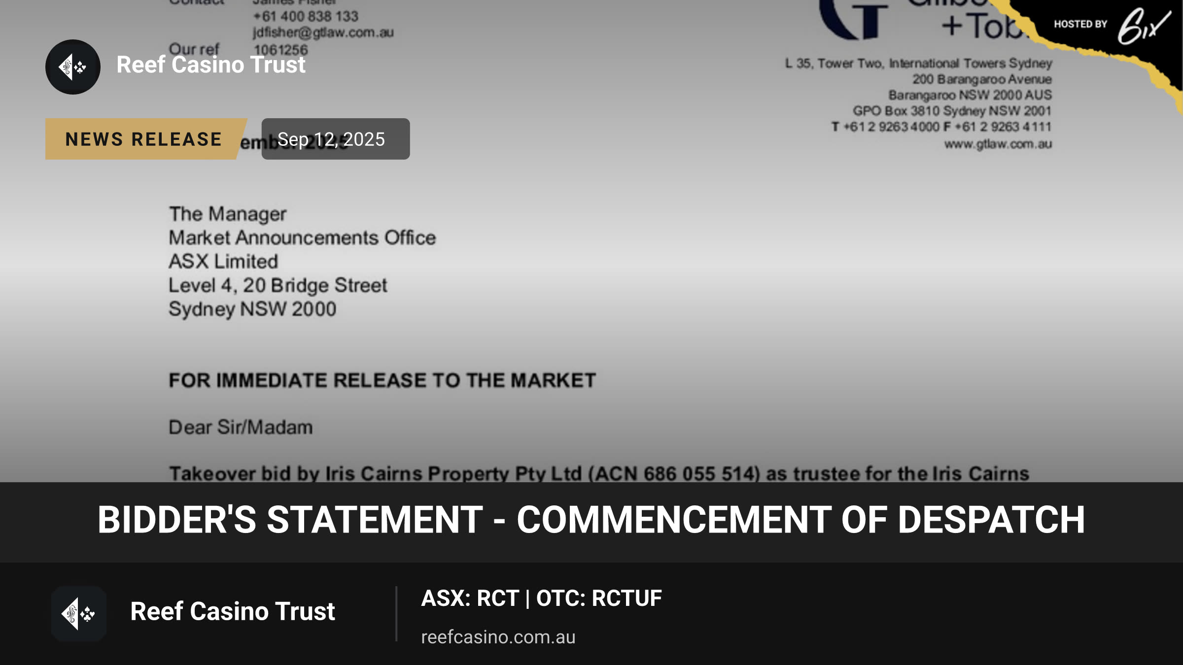 Bidder's Statement - Commencement of Despatch