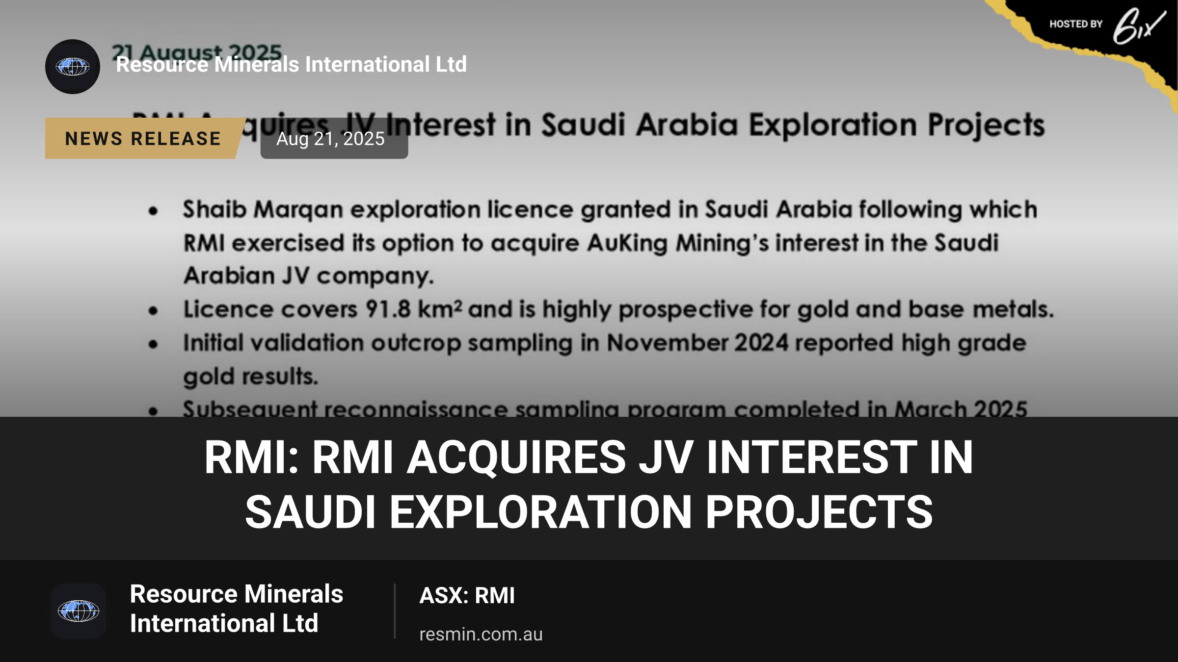 RMI: RMI acquires JV Interest in Saudi Exploration Projects