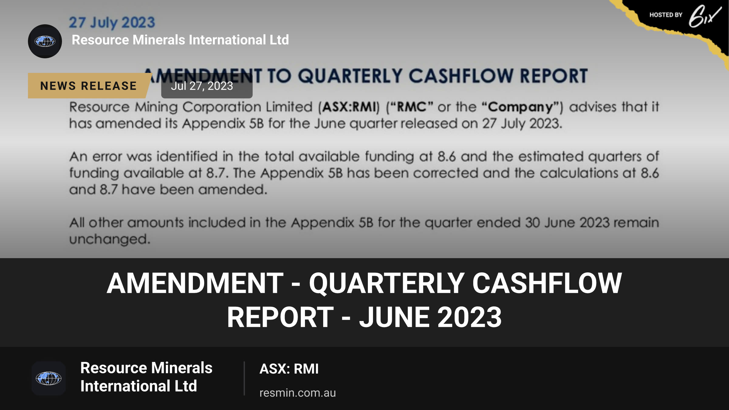 Amendment - Quarterly Cashflow Report - June 2023