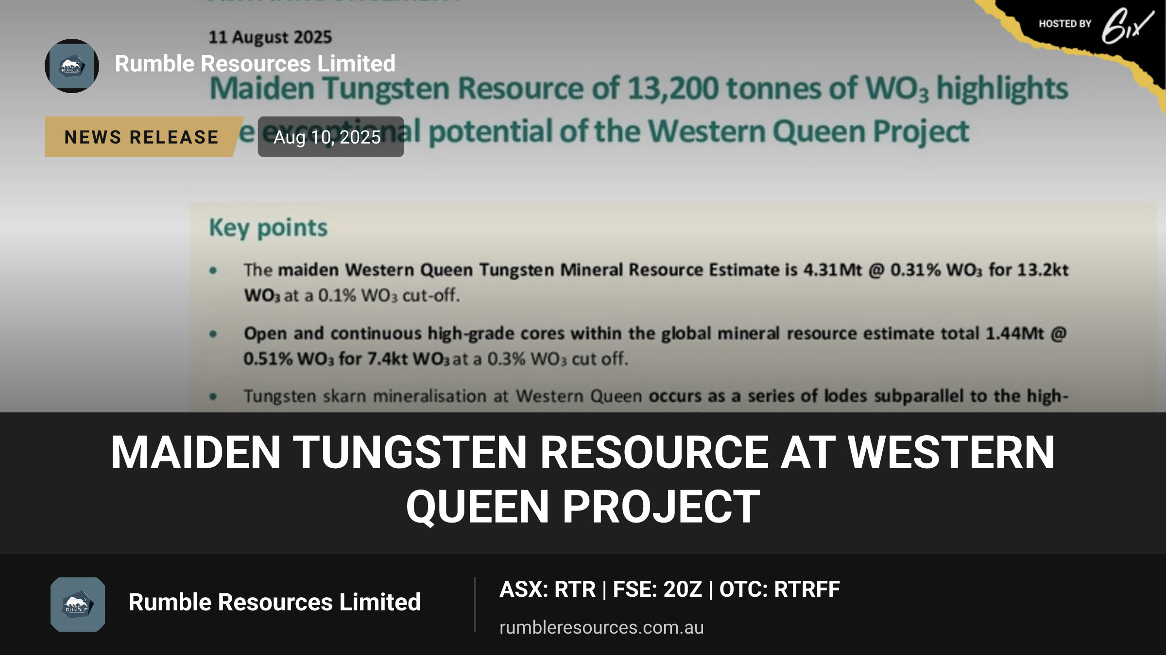 Maiden Tungsten Resource at Western Queen Project