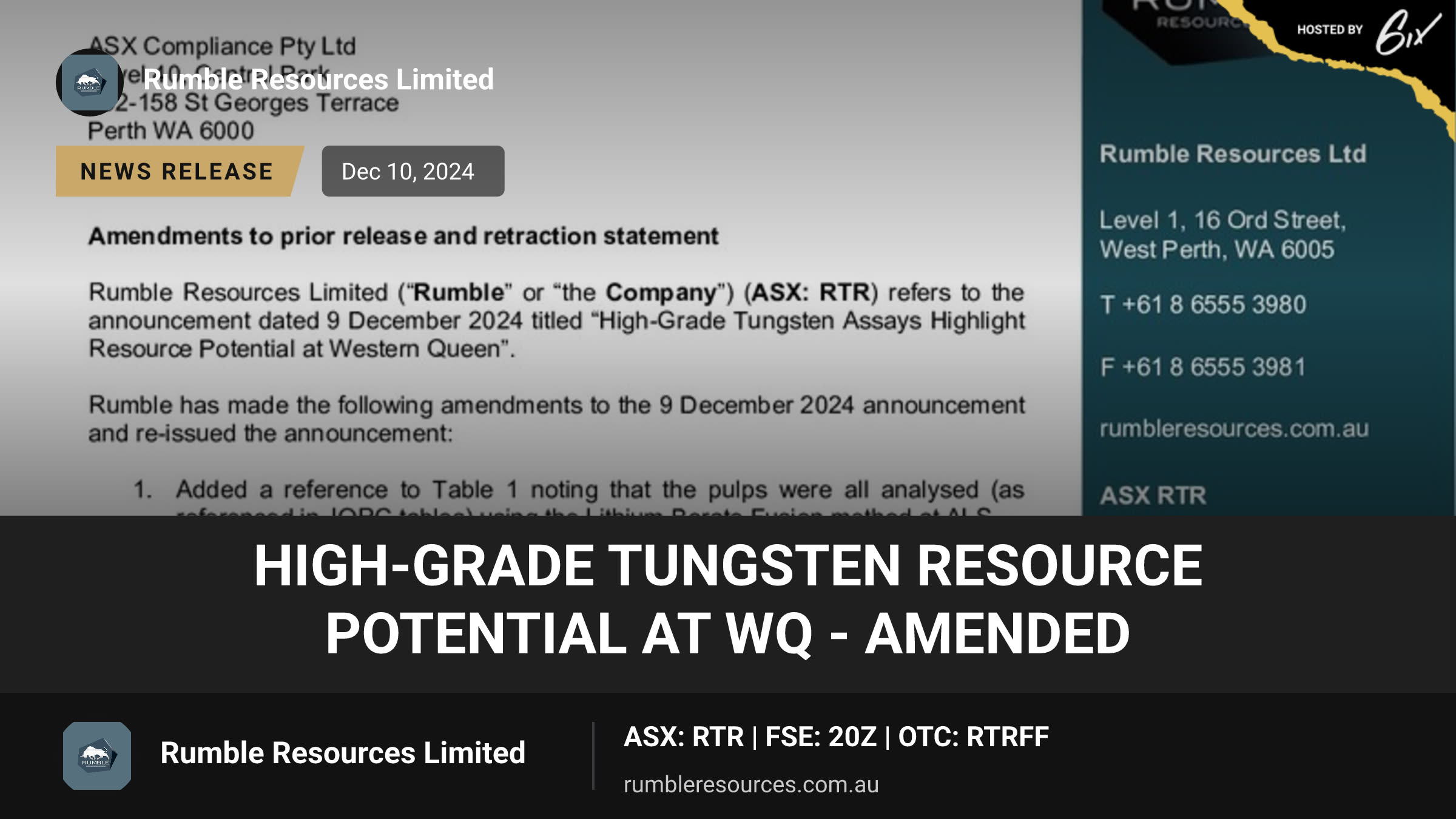 High-Grade Tungsten Resource Potential at WQ - Amended