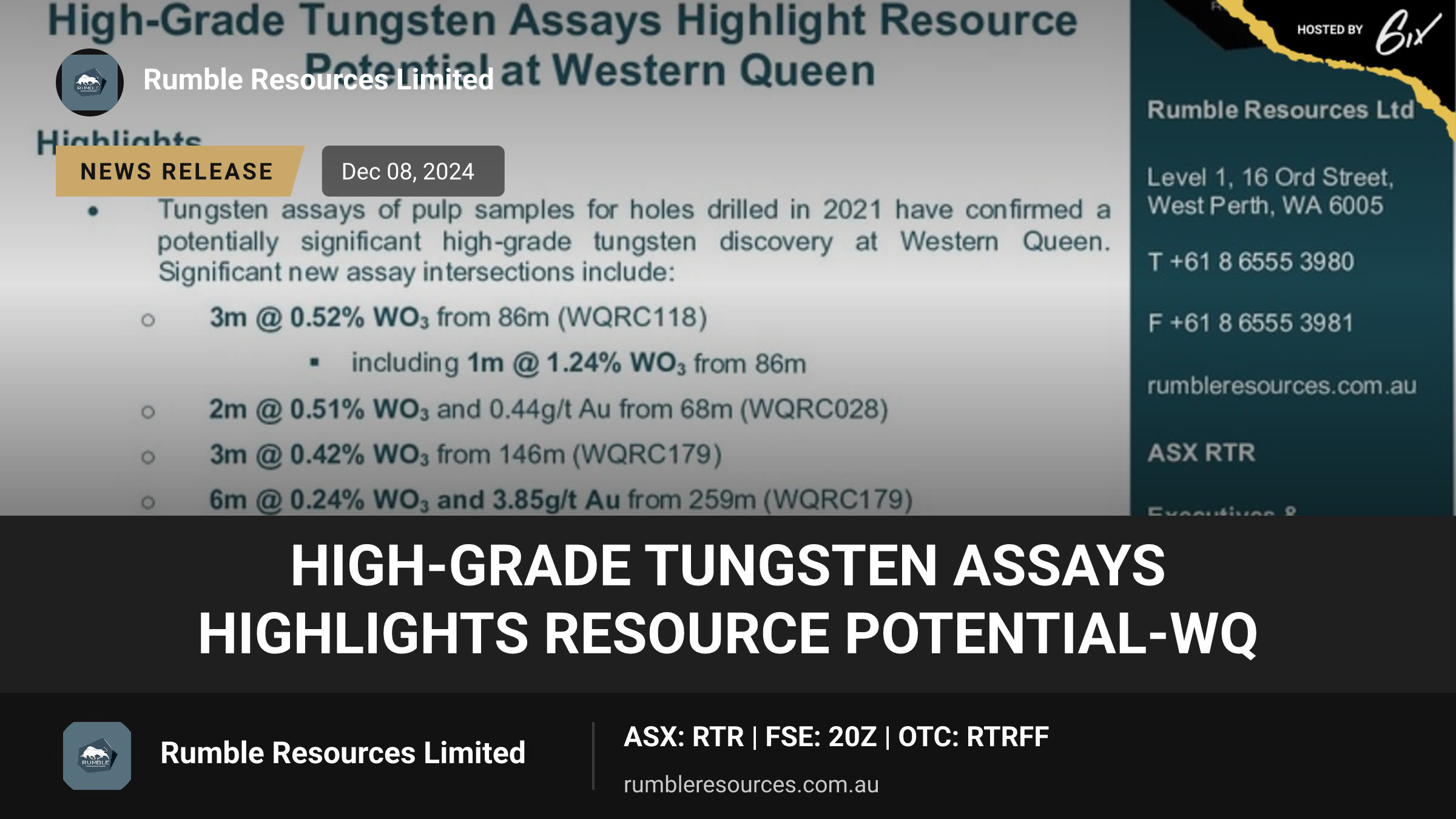 High-Grade Tungsten Assays Highlights Resource Potential-WQ