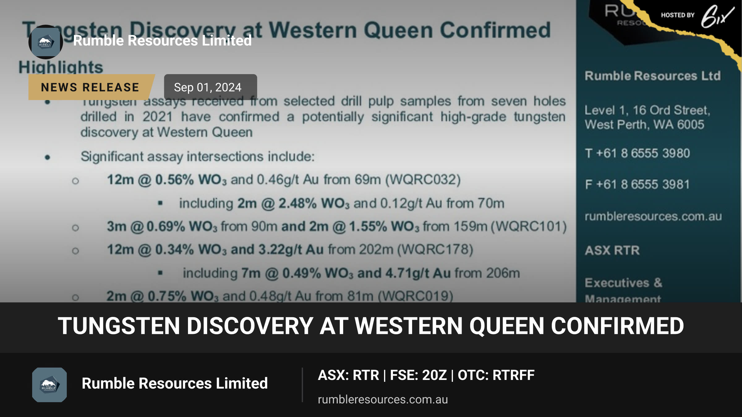 Tungsten Discovery at Western Queen Confirmed