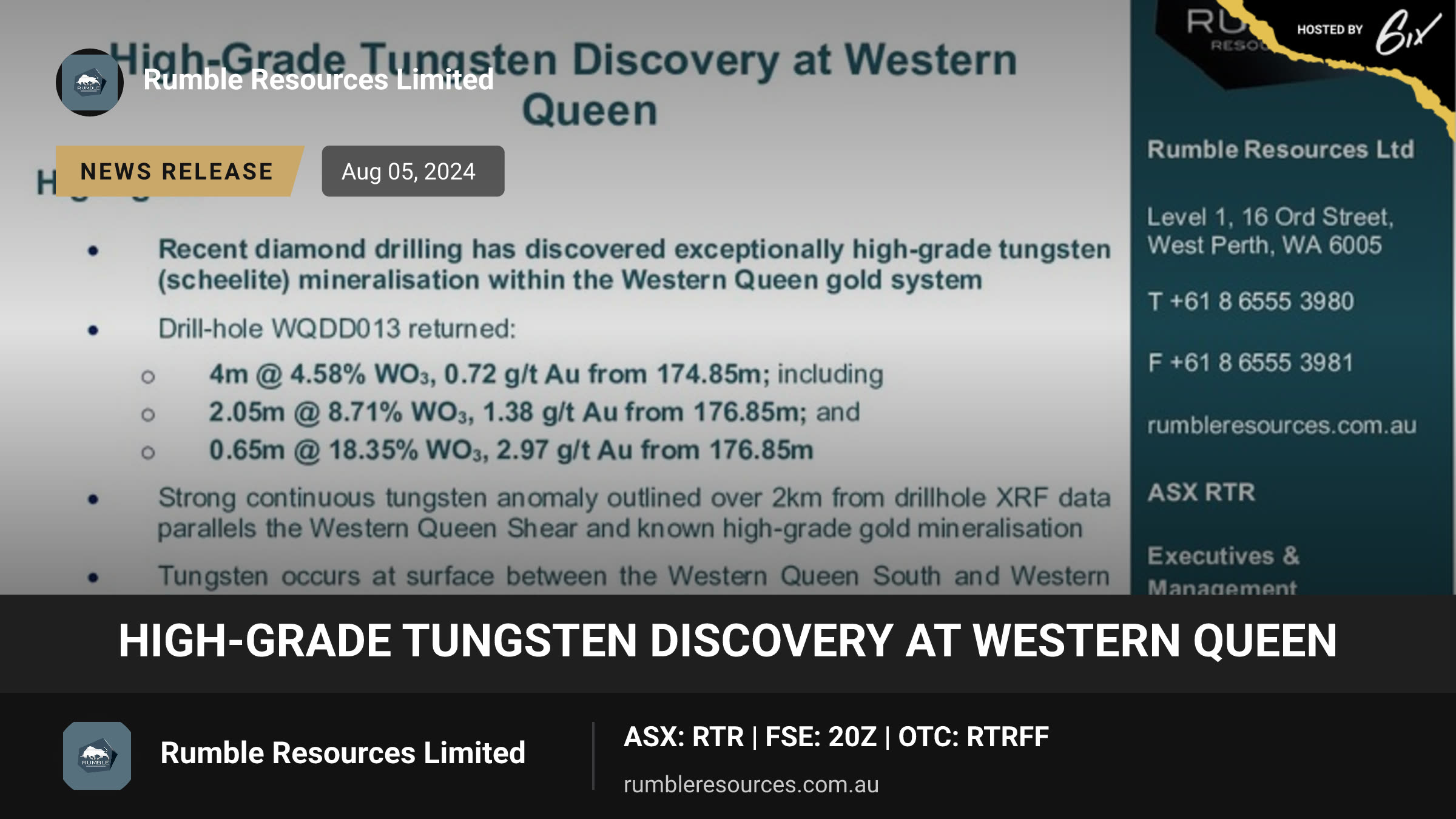 High-Grade Tungsten Discovery at Western Queen