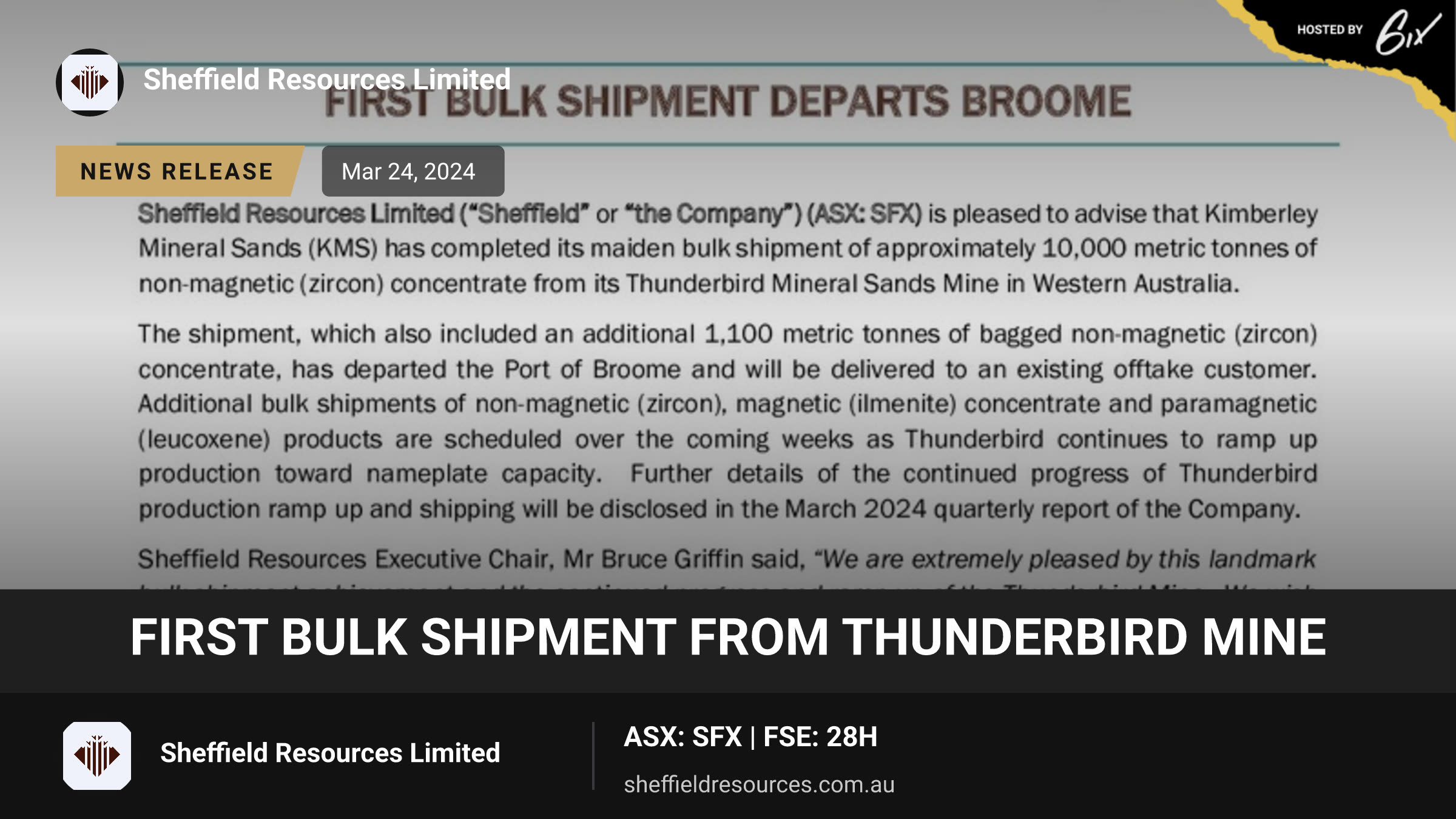 First Bulk Shipment from Thunderbird Mine