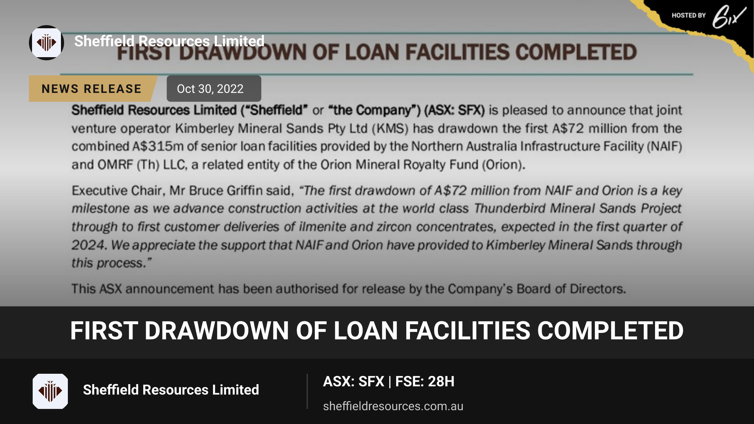First Drawdown of Loan Facilities Completed