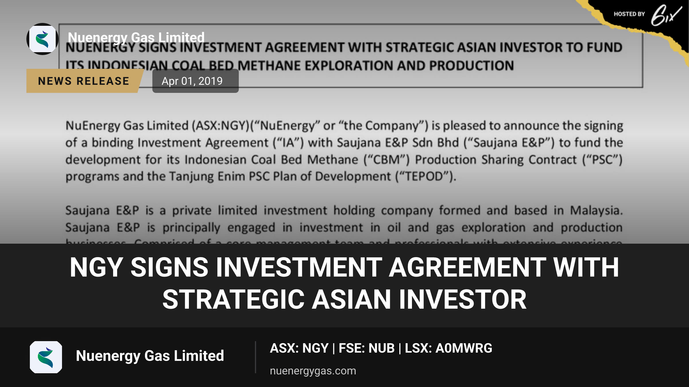 NGY signs Investment Agreement with strategic Asian investor