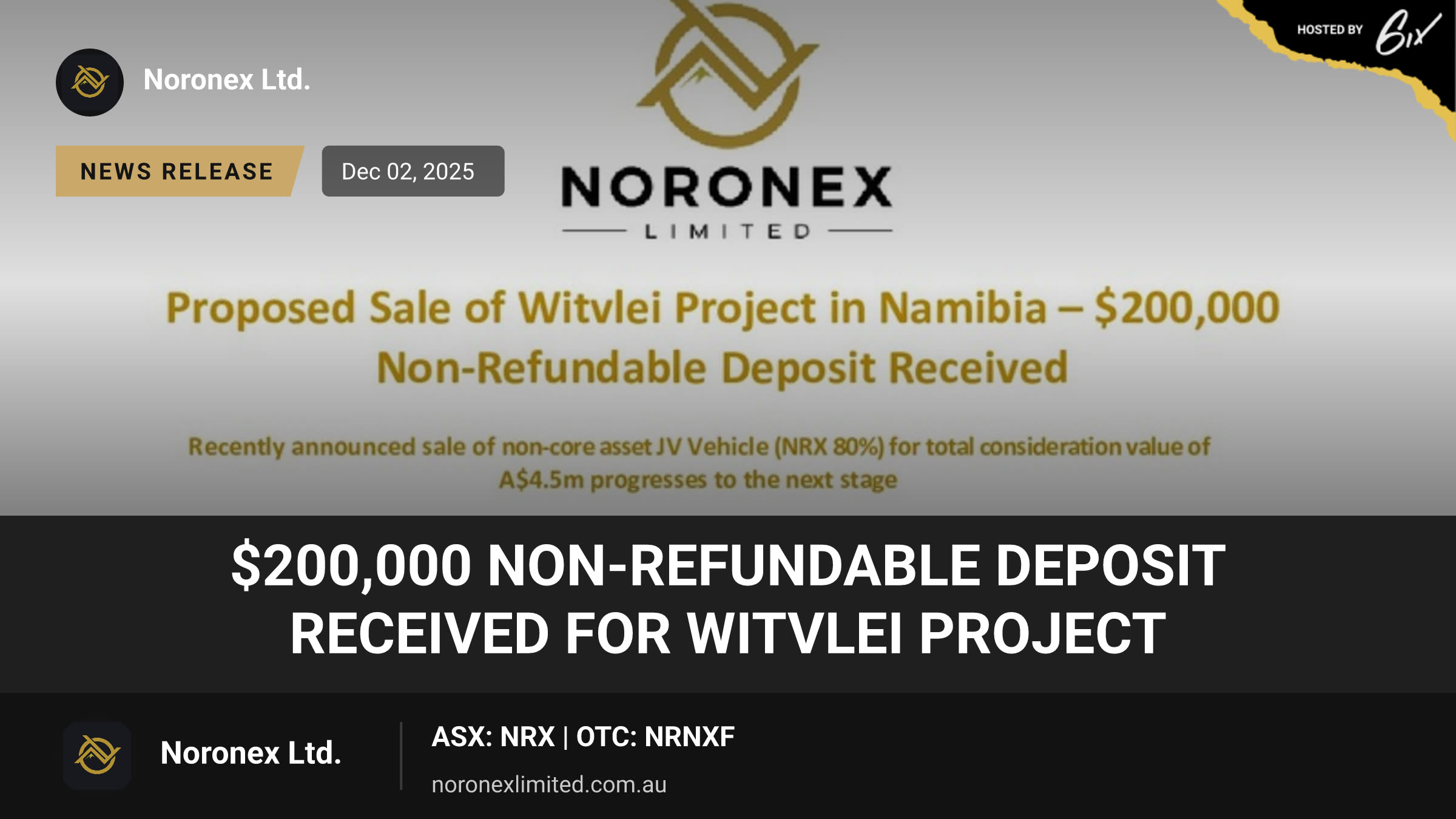 $200,000 Non-Refundable Deposit Received for Witvlei Project