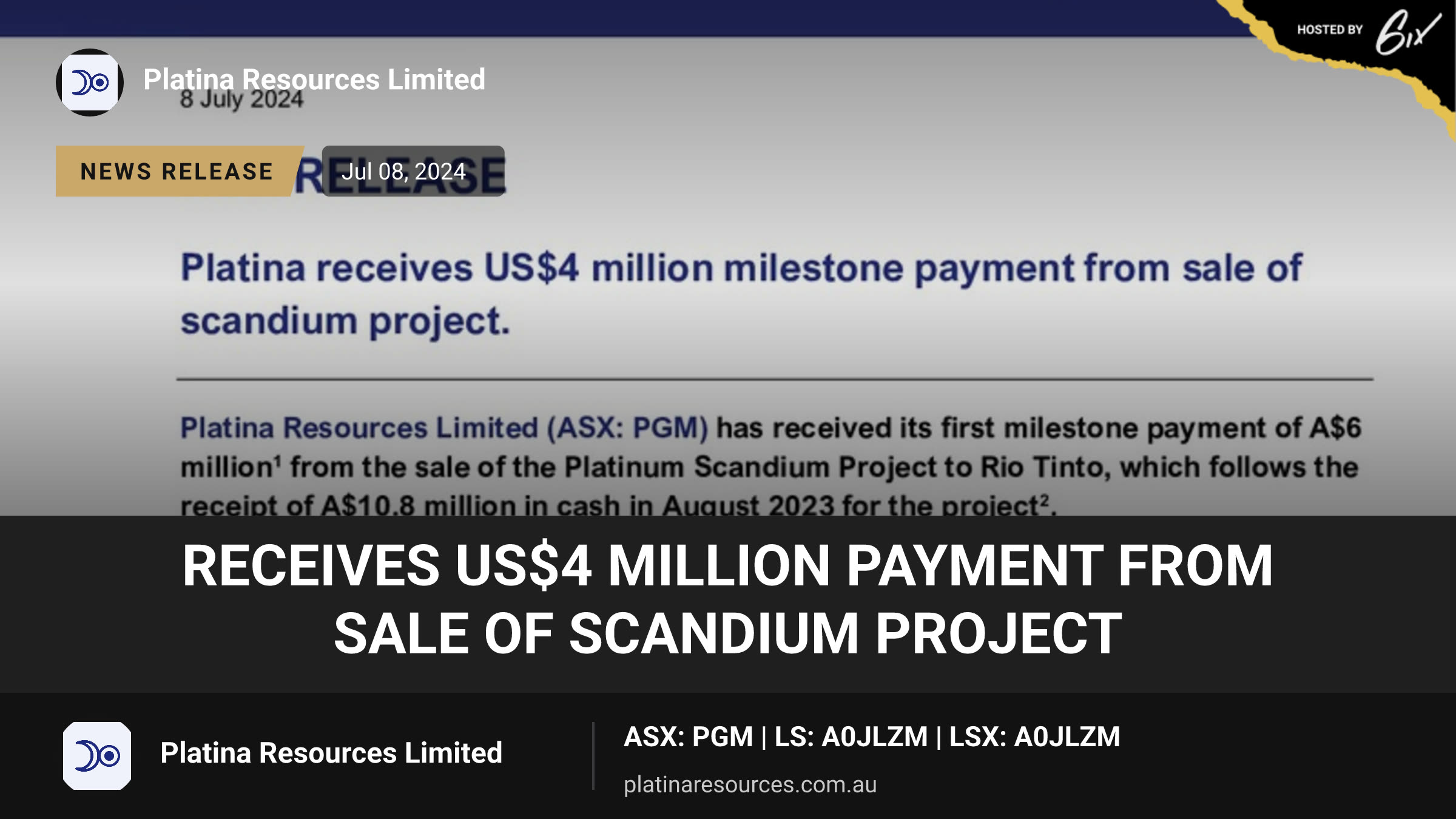 Receives US$4 million payment from sale of Scandium Project