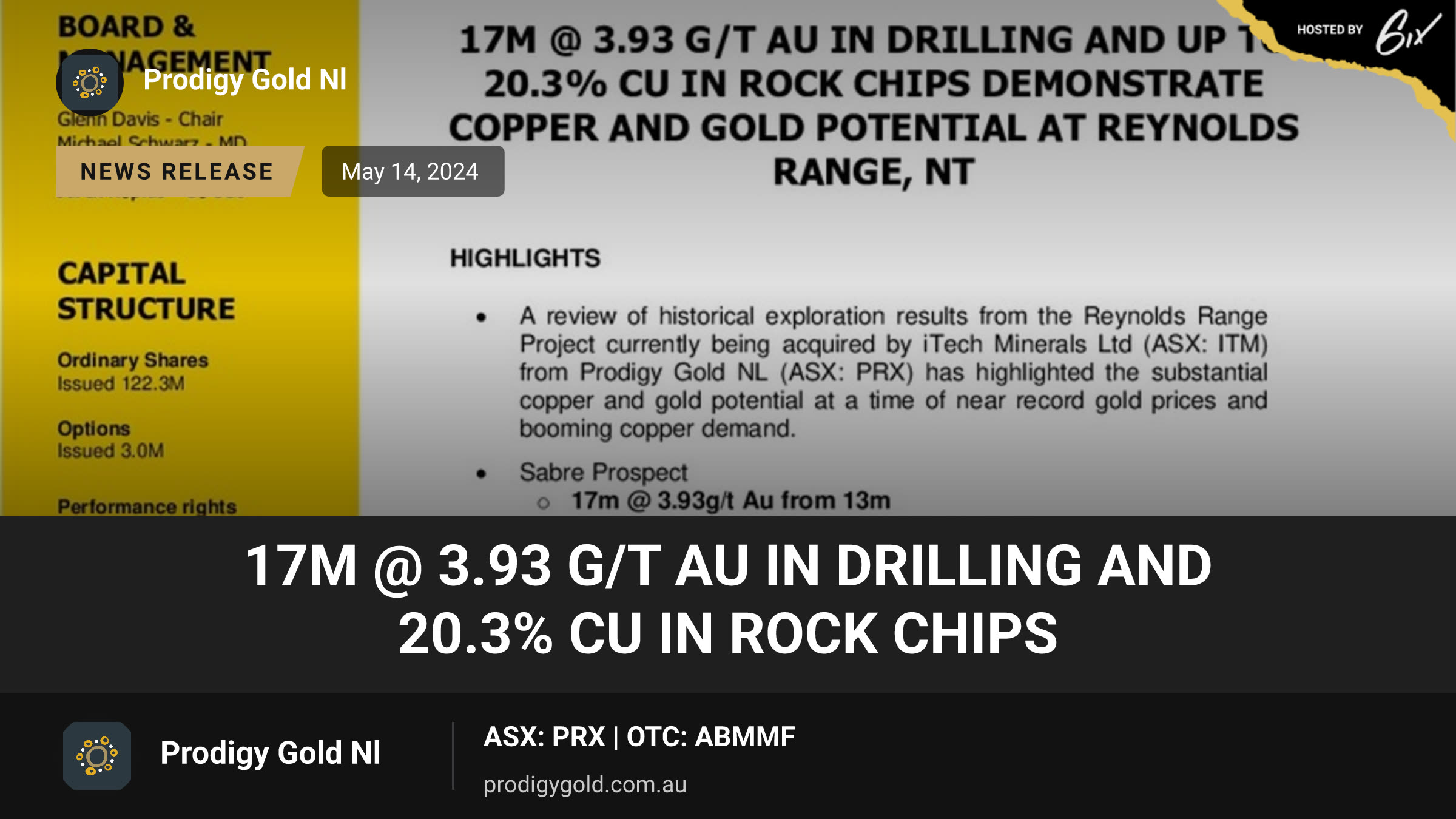 17m @ 3.93 g/t Au in Drilling and 20.3% Cu in Rock Chips