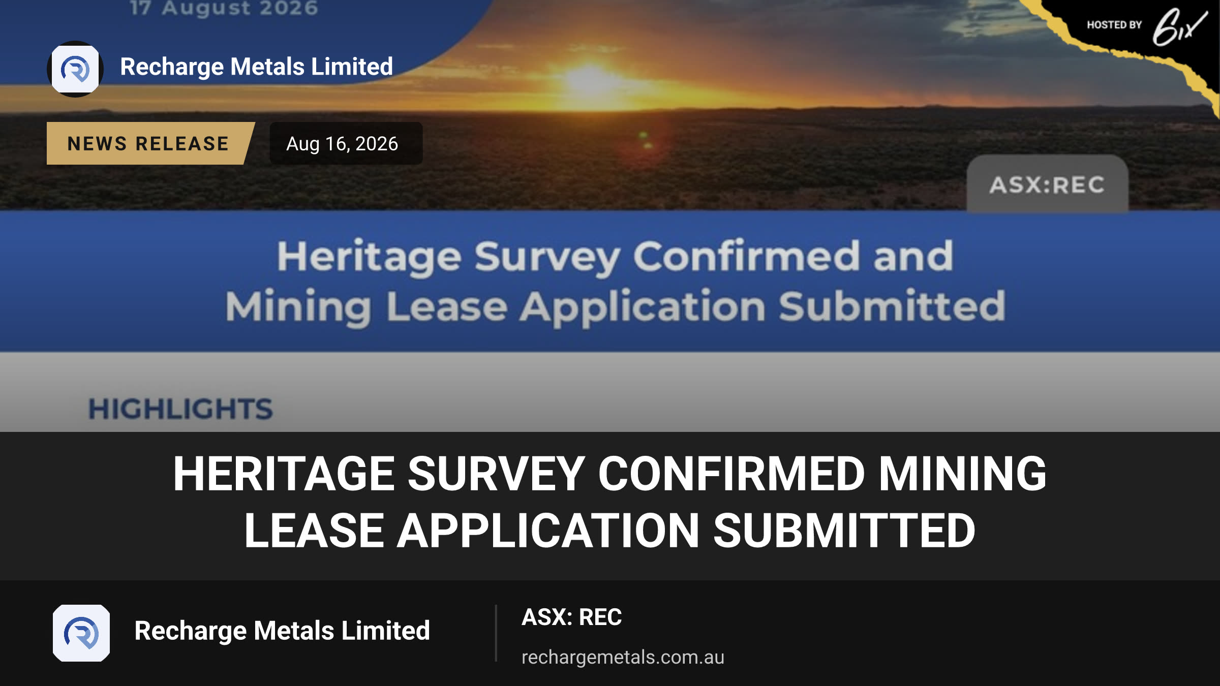 Heritage Survey Confirmed Mining Lease Application Submitted