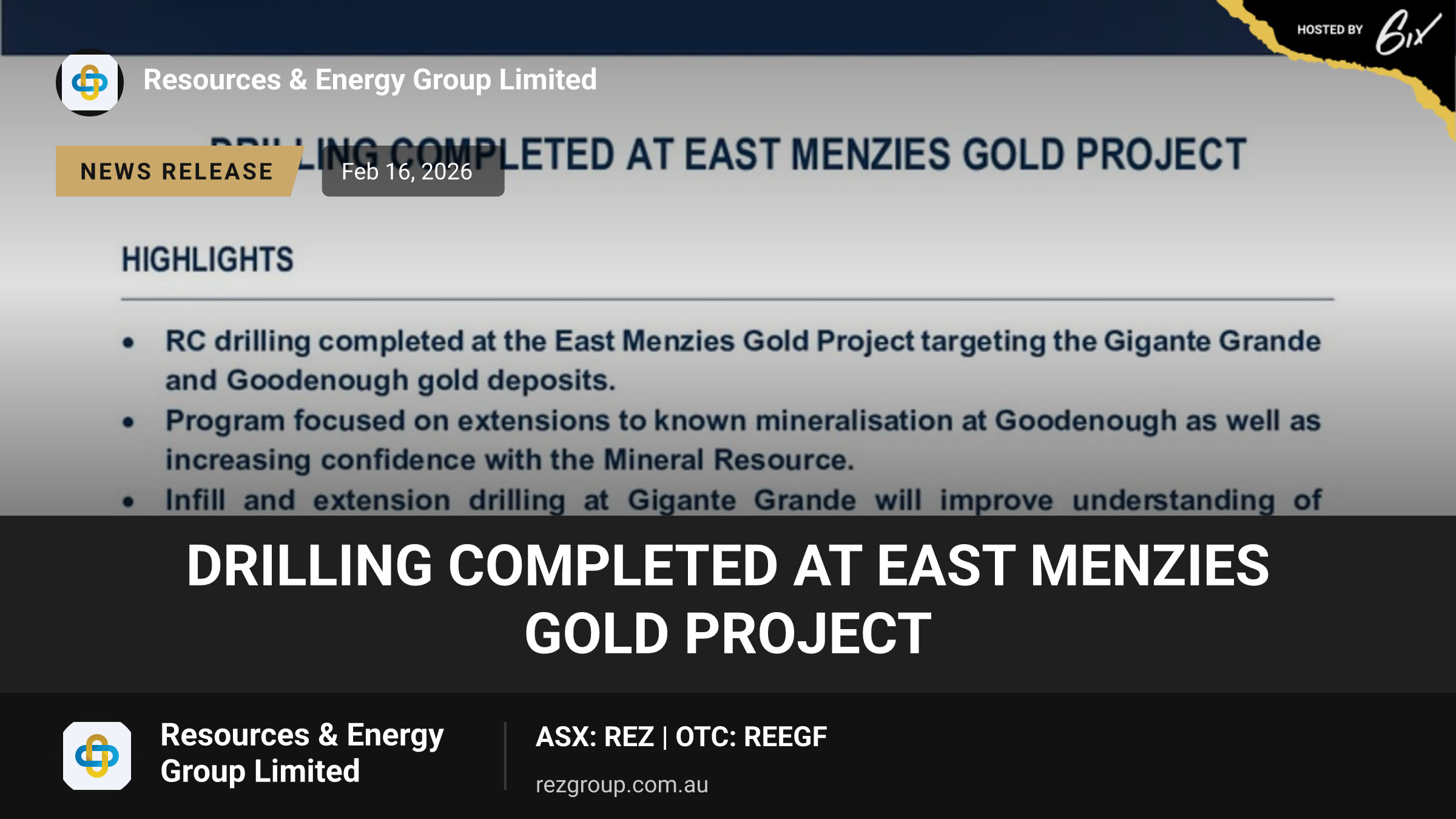 DRILLING COMPLETED AT EAST MENZIES GOLD PROJECT
