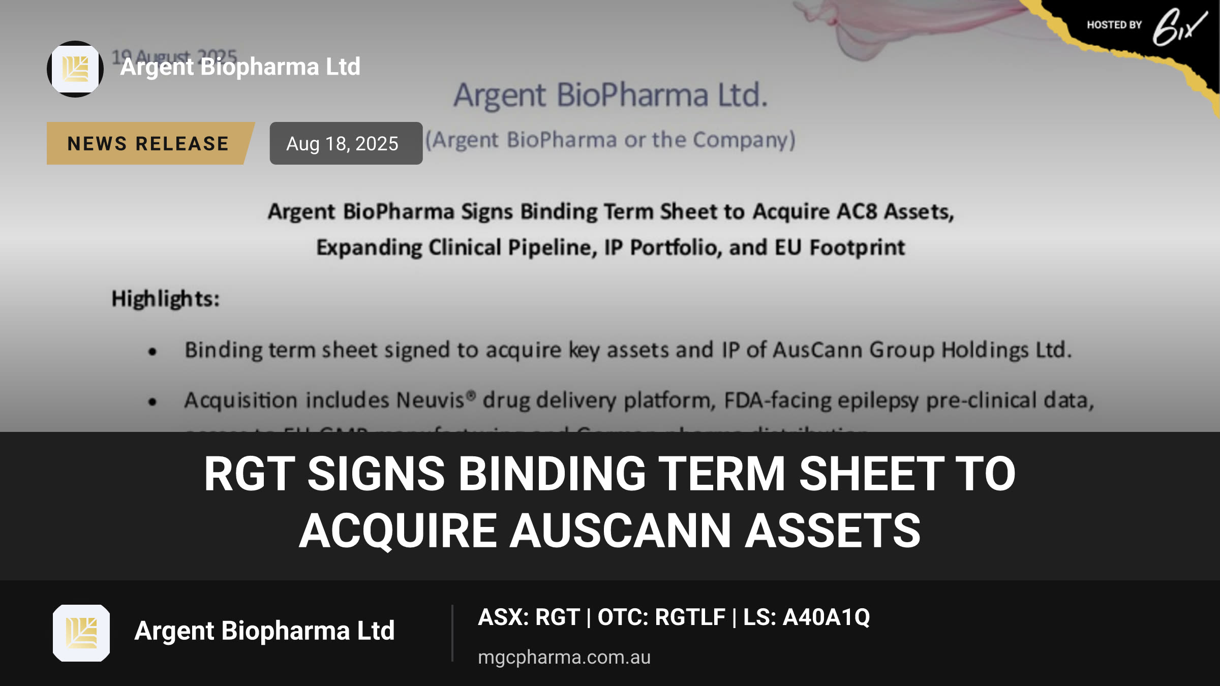 RGT Signs Binding Term Sheet to Acquire AusCann Assets
