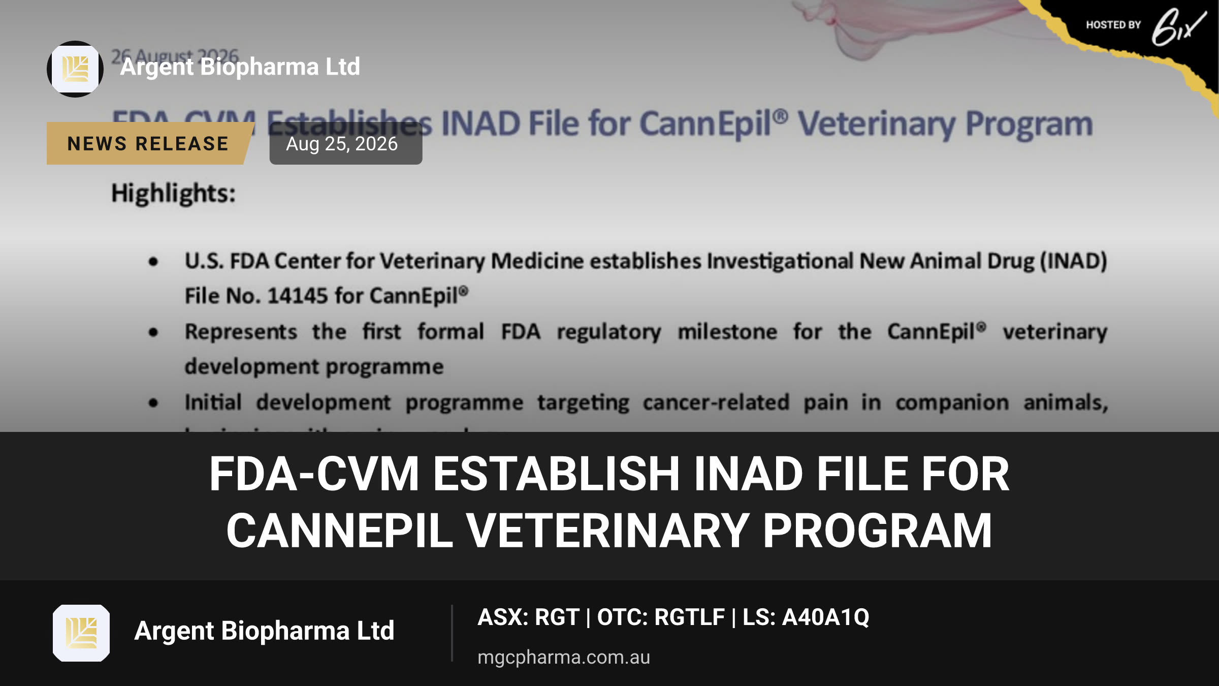 FDA-CVM Establish INAD File for CannEpil Veterinary Program