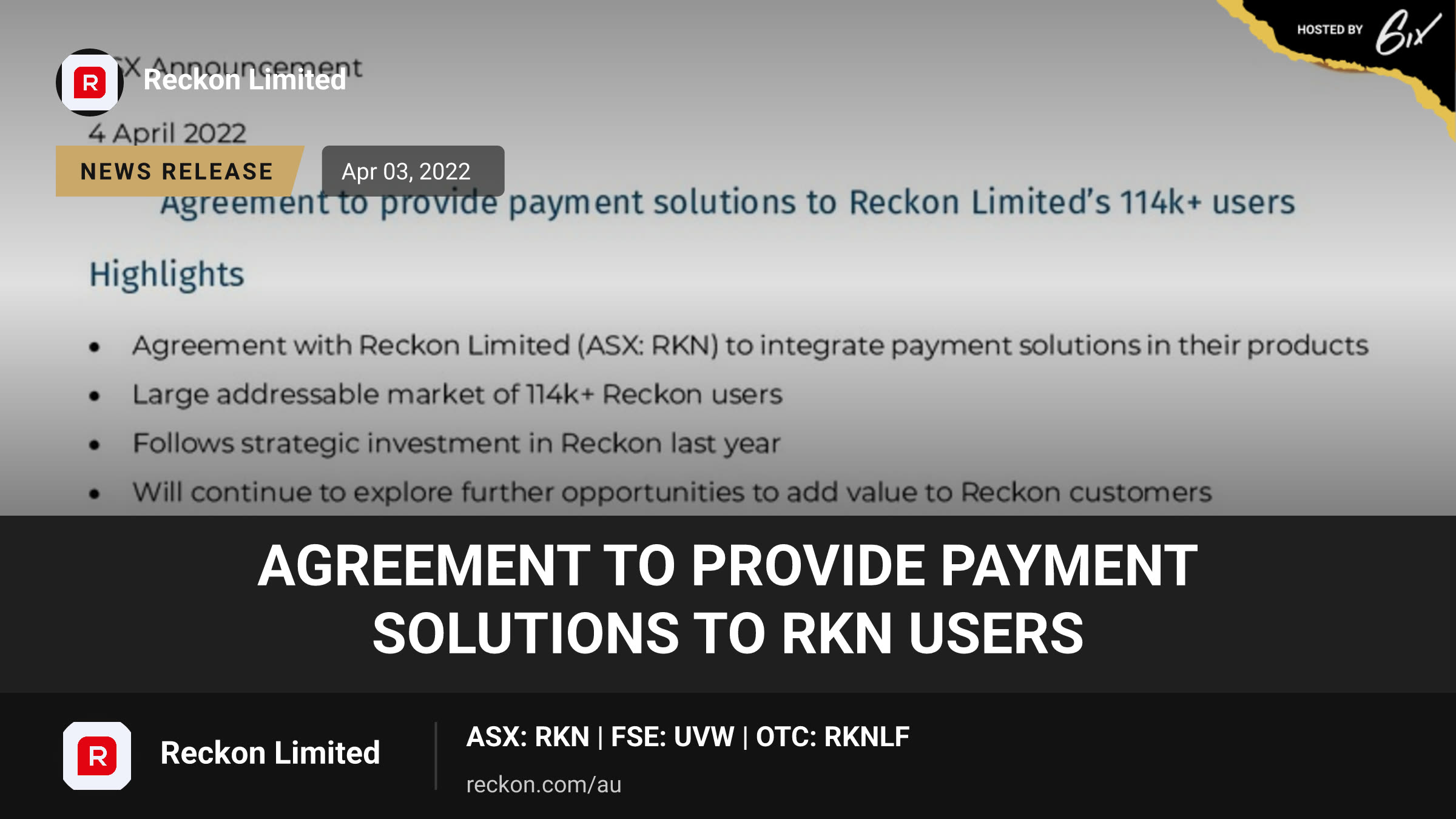 Agreement to Provide Payment Solutions to RKN Users