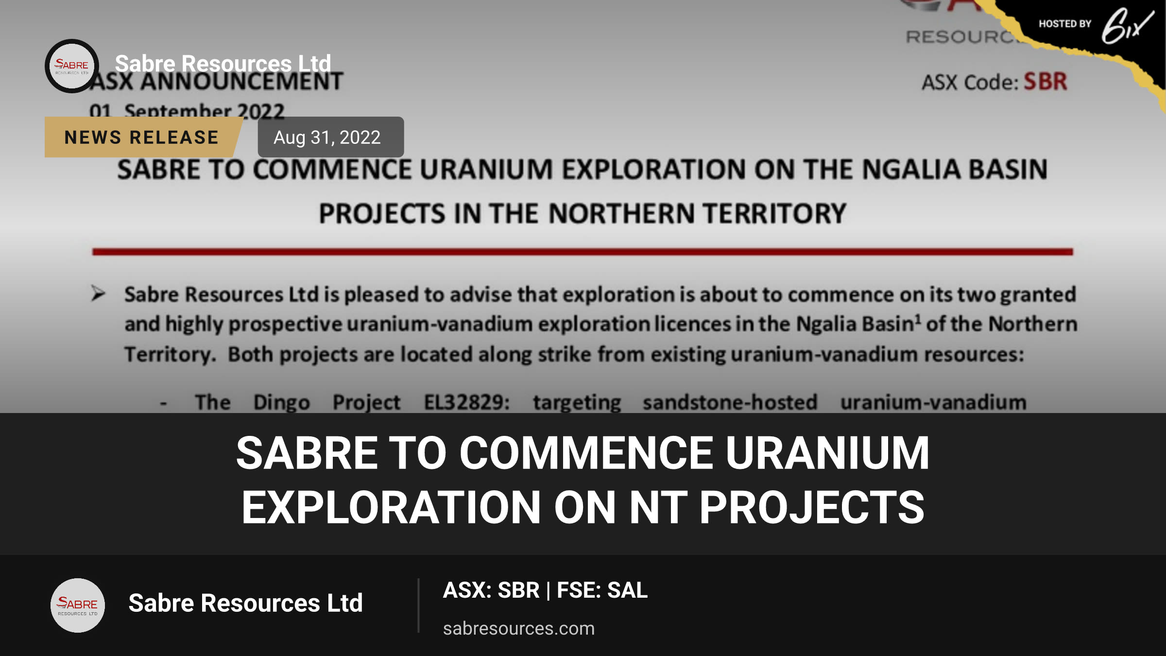 Sabre to Commence Uranium Exploration on NT Projects