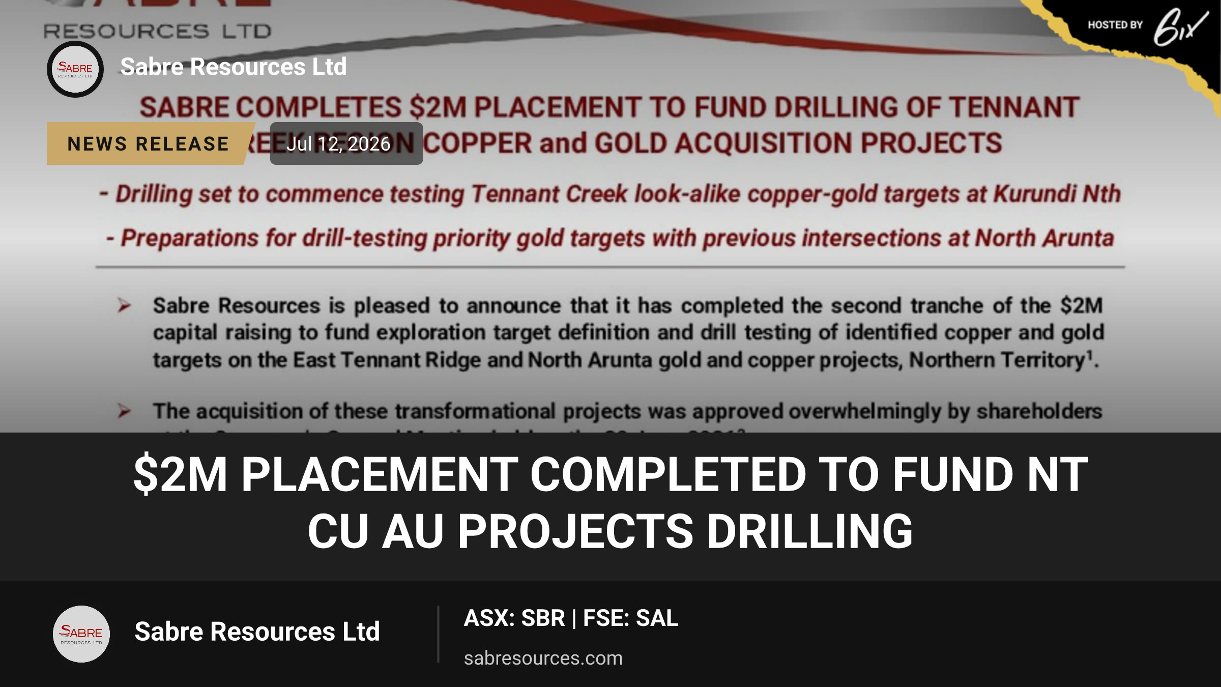 $2M Placement Completed to Fund NT Cu Au Projects Drilling