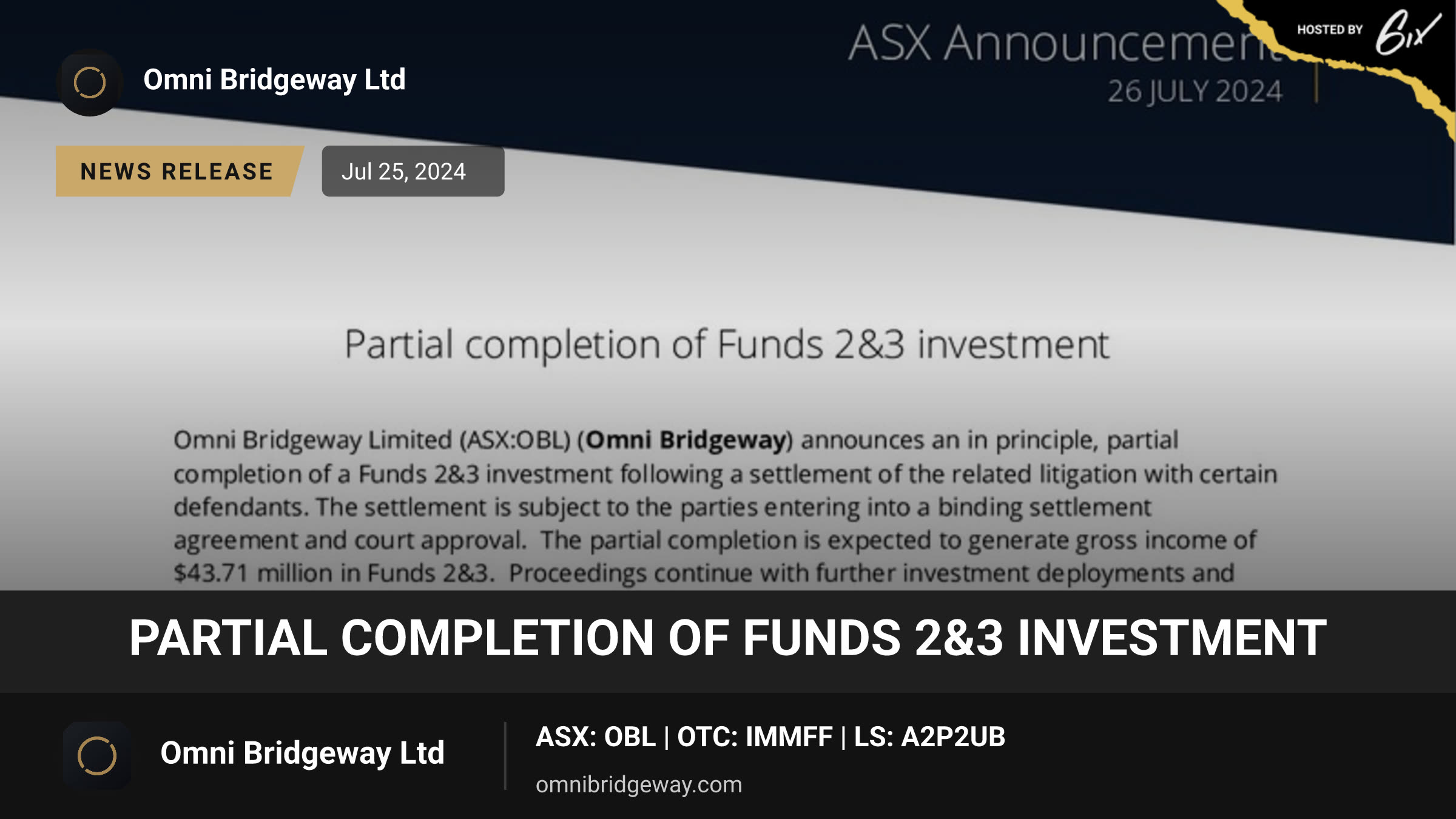 Partial completion of Funds 2&3 investment