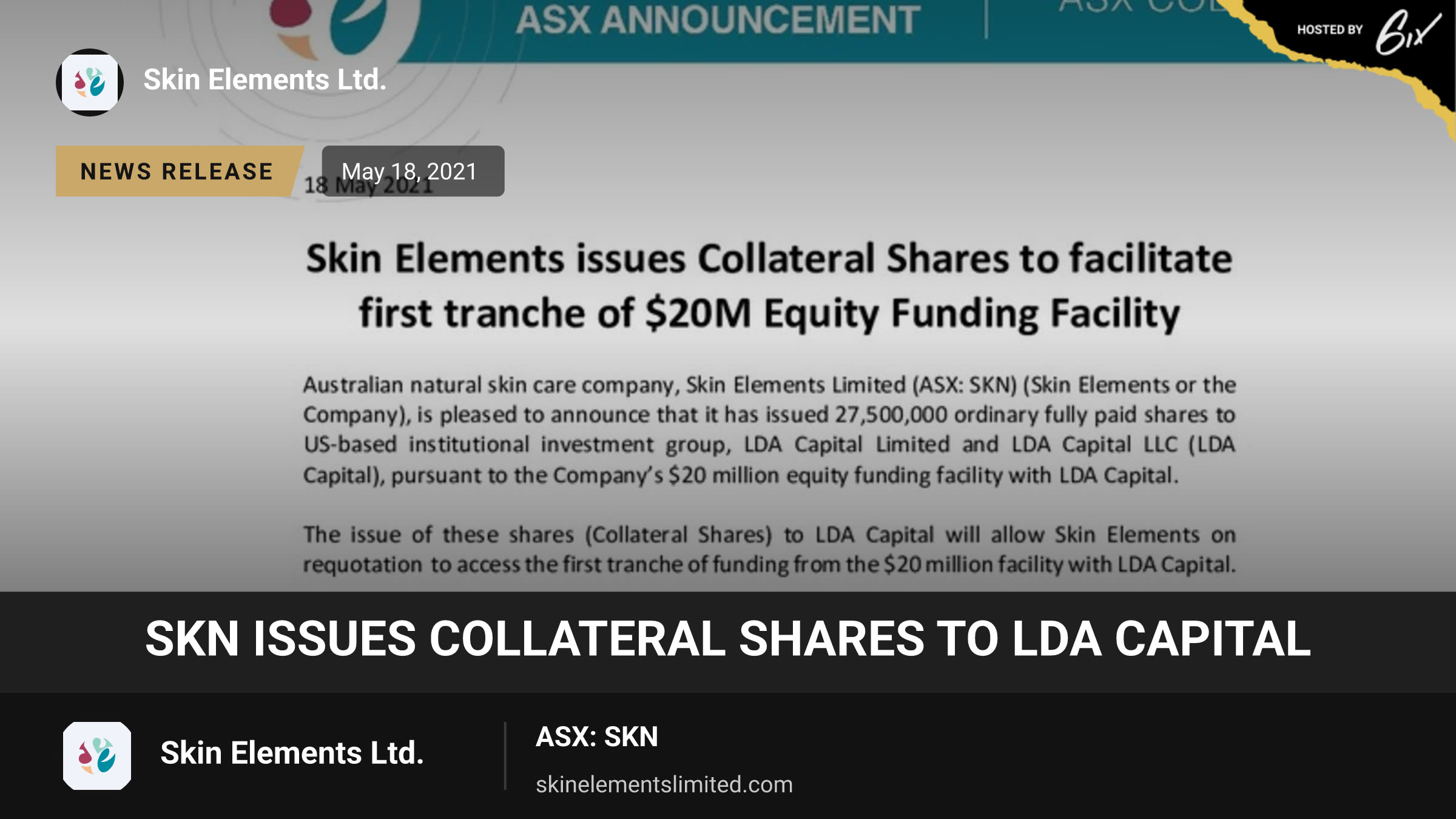 SKN issues Collateral Shares to LDA Capital