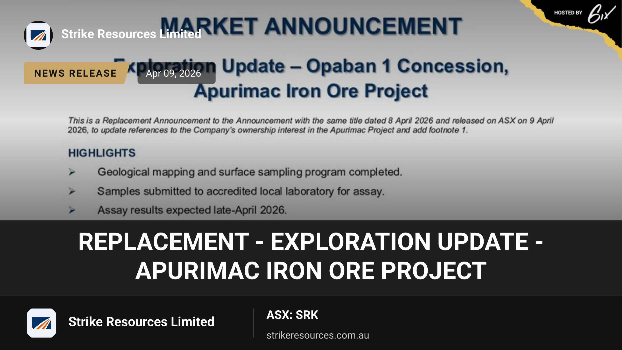 Replacement - Exploration Update - Apurimac Iron Ore Project