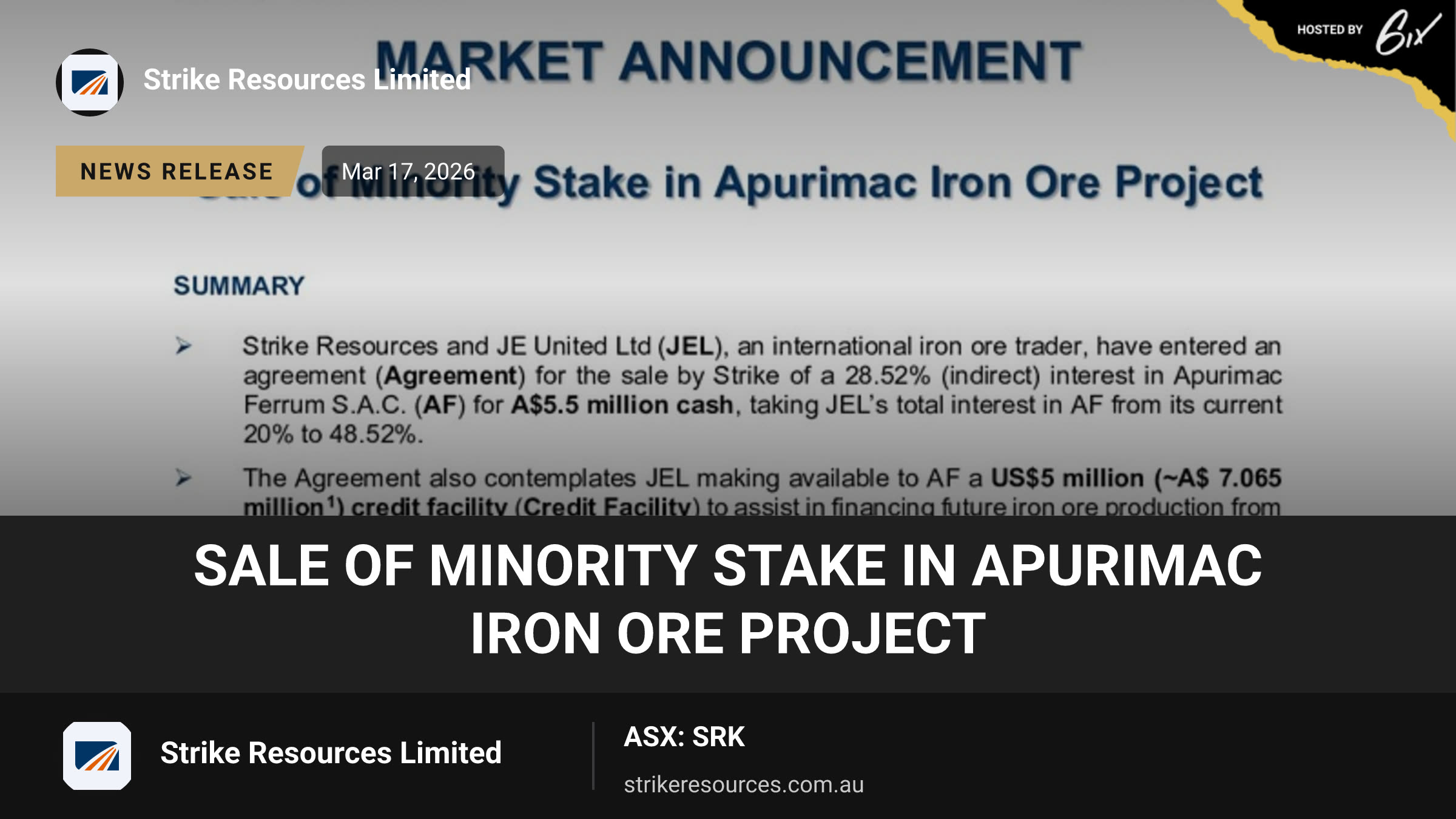 Sale of Minority Stake in Apurimac Iron Ore Project