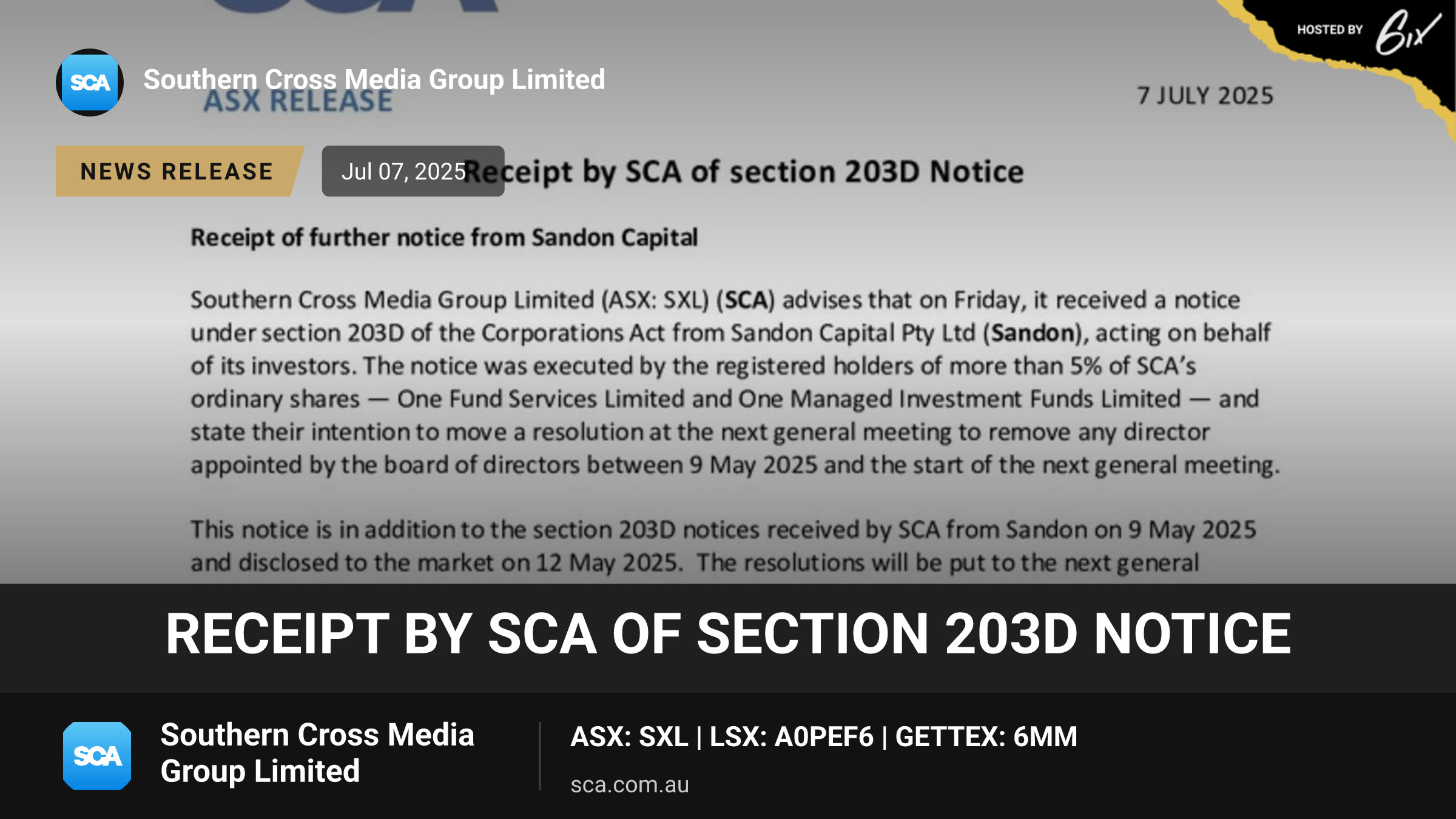 Receipt by SCA of section 203D Notice