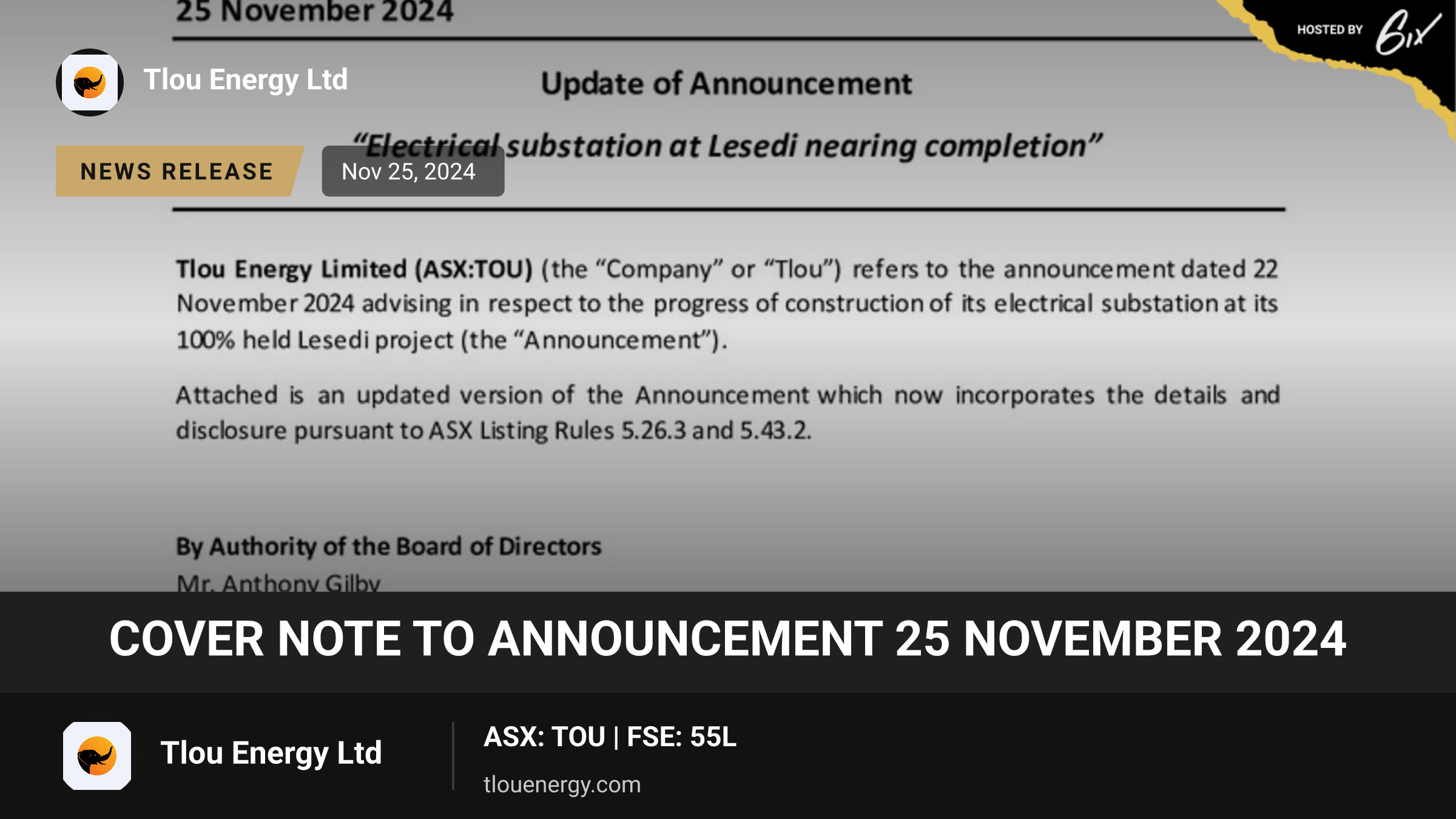 Cover Note to Announcement 25 November 2024