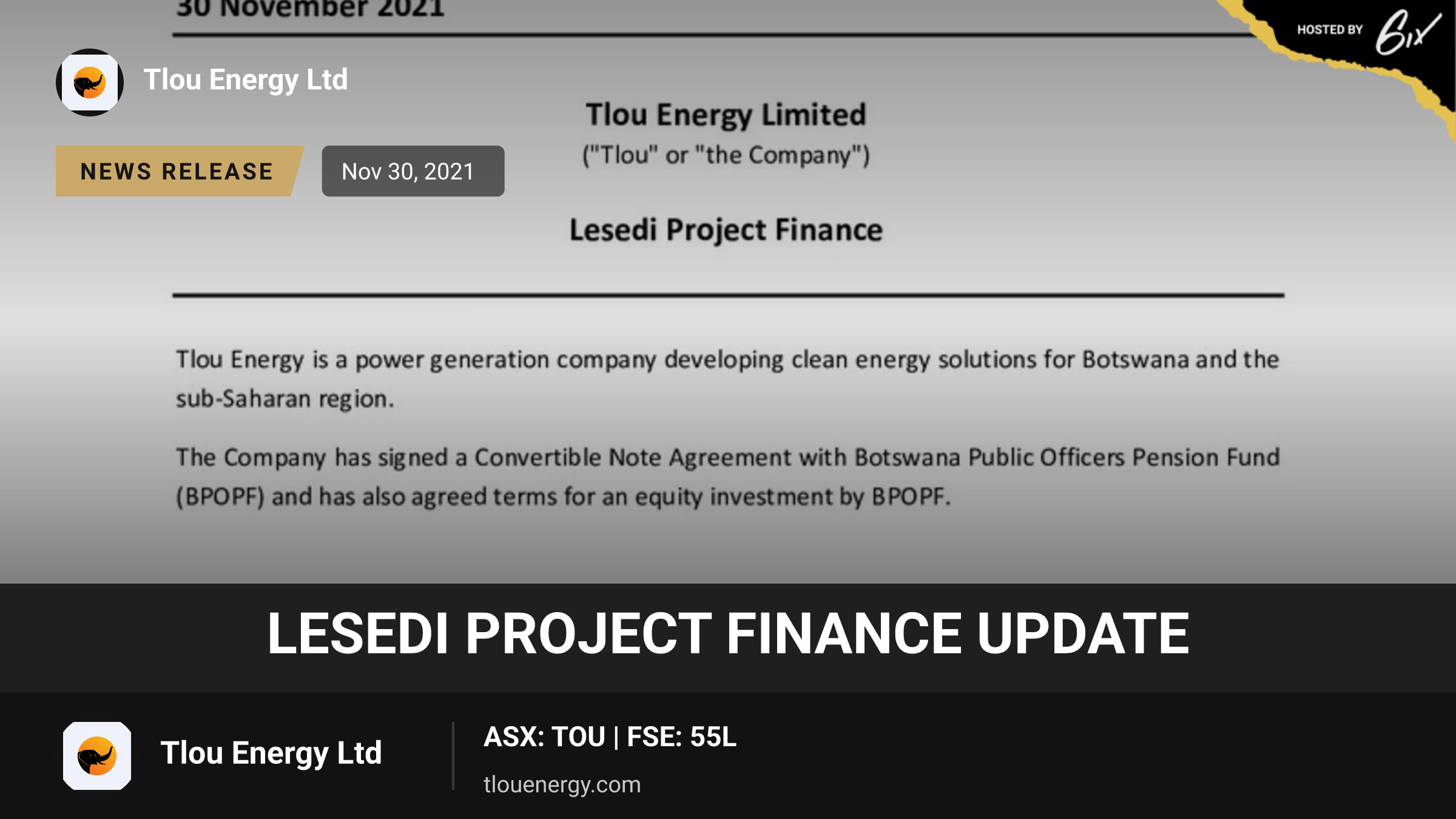 Lesedi Project Finance Update