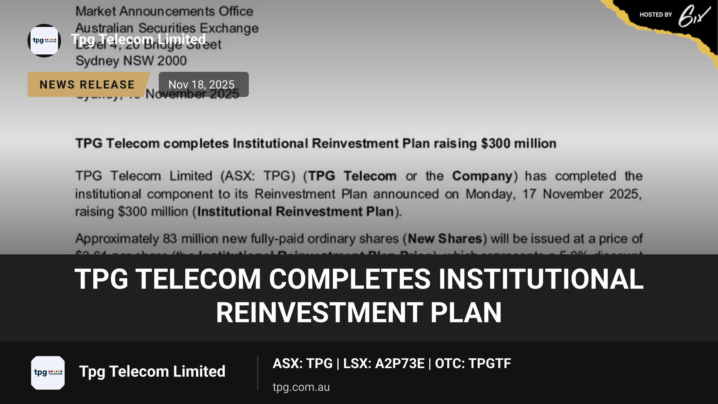 TPG Telecom completes Institutional Reinvestment Plan