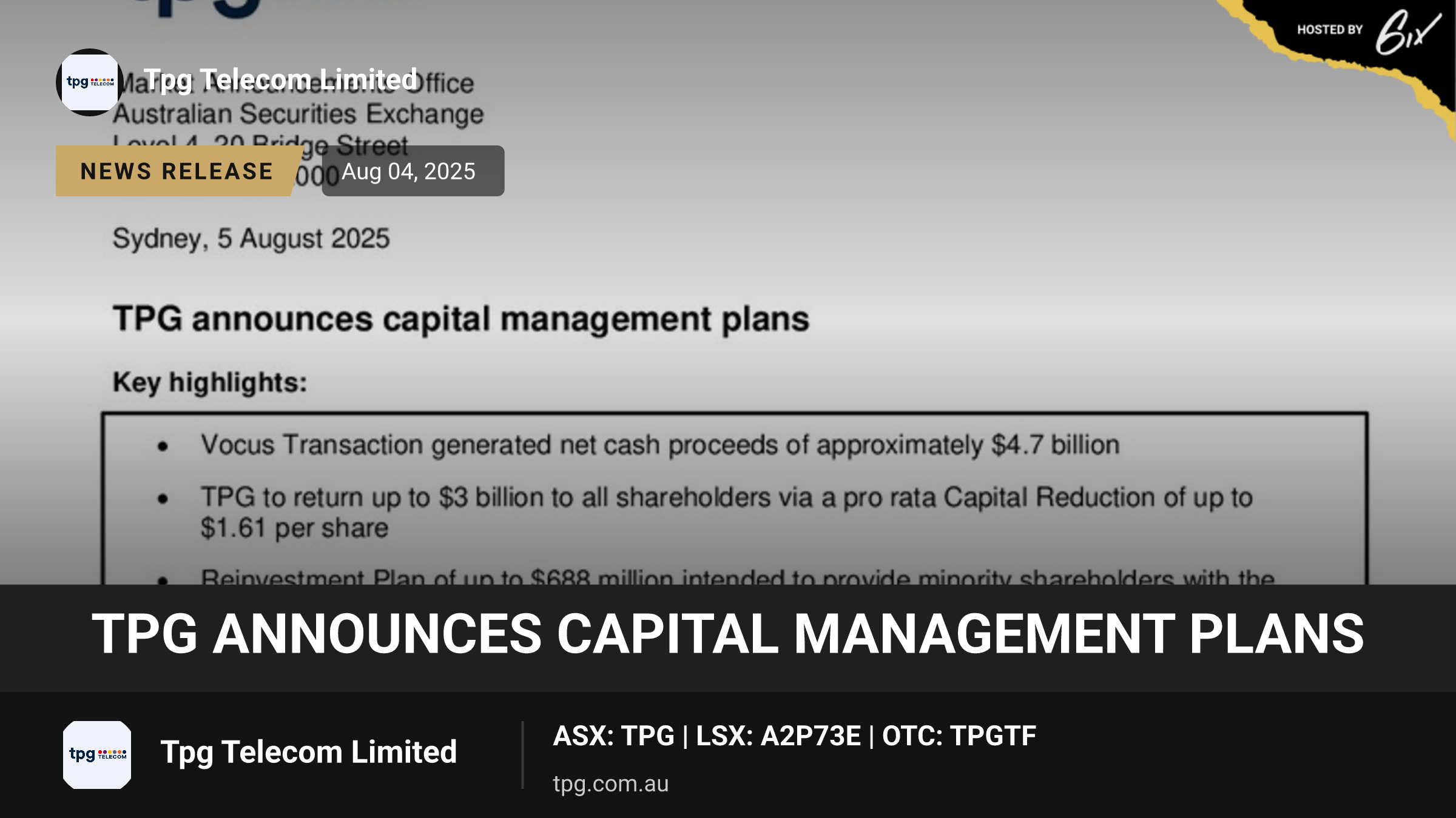 TPG announces capital management plans