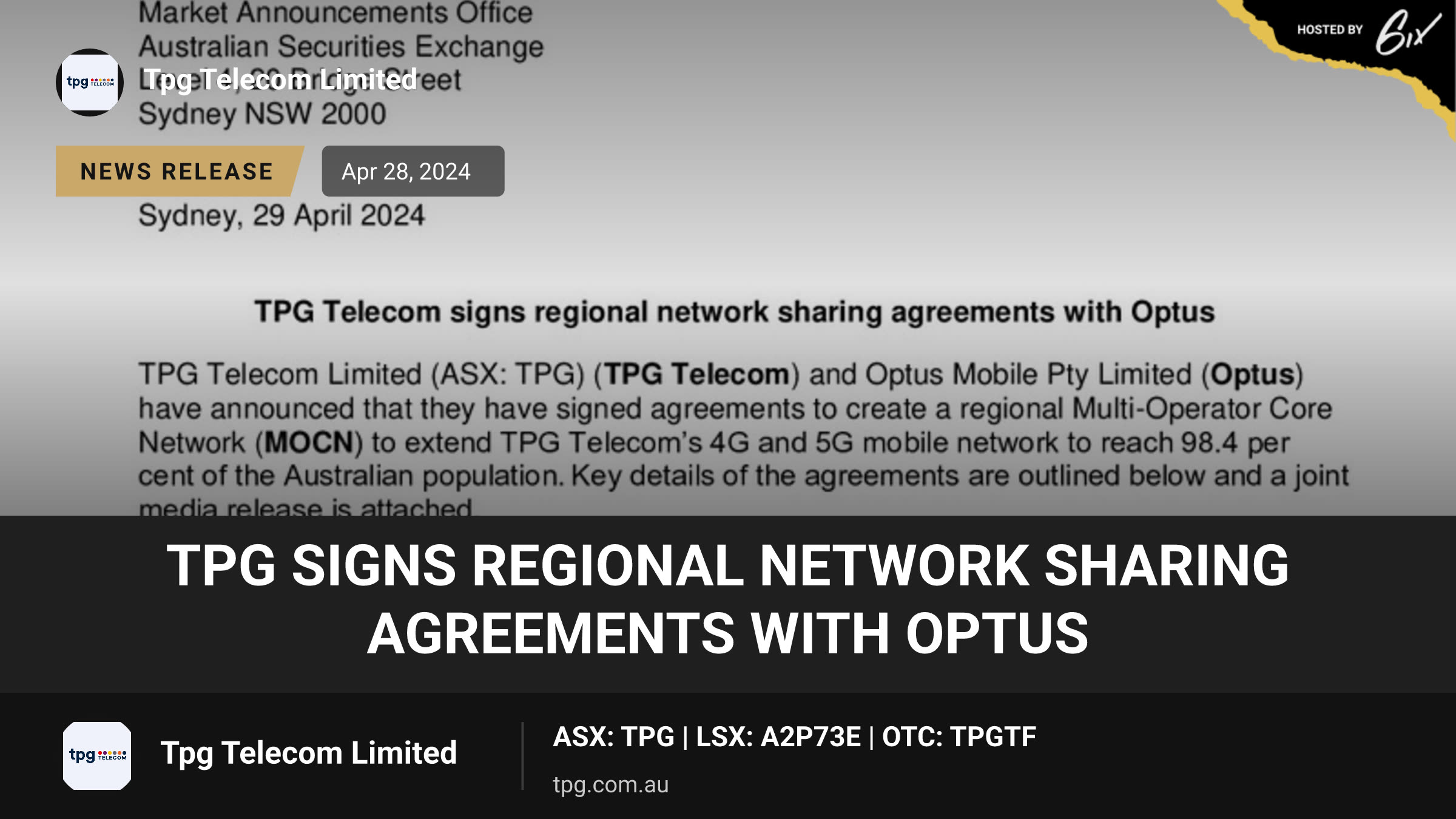 TPG signs regional network sharing agreements with Optus