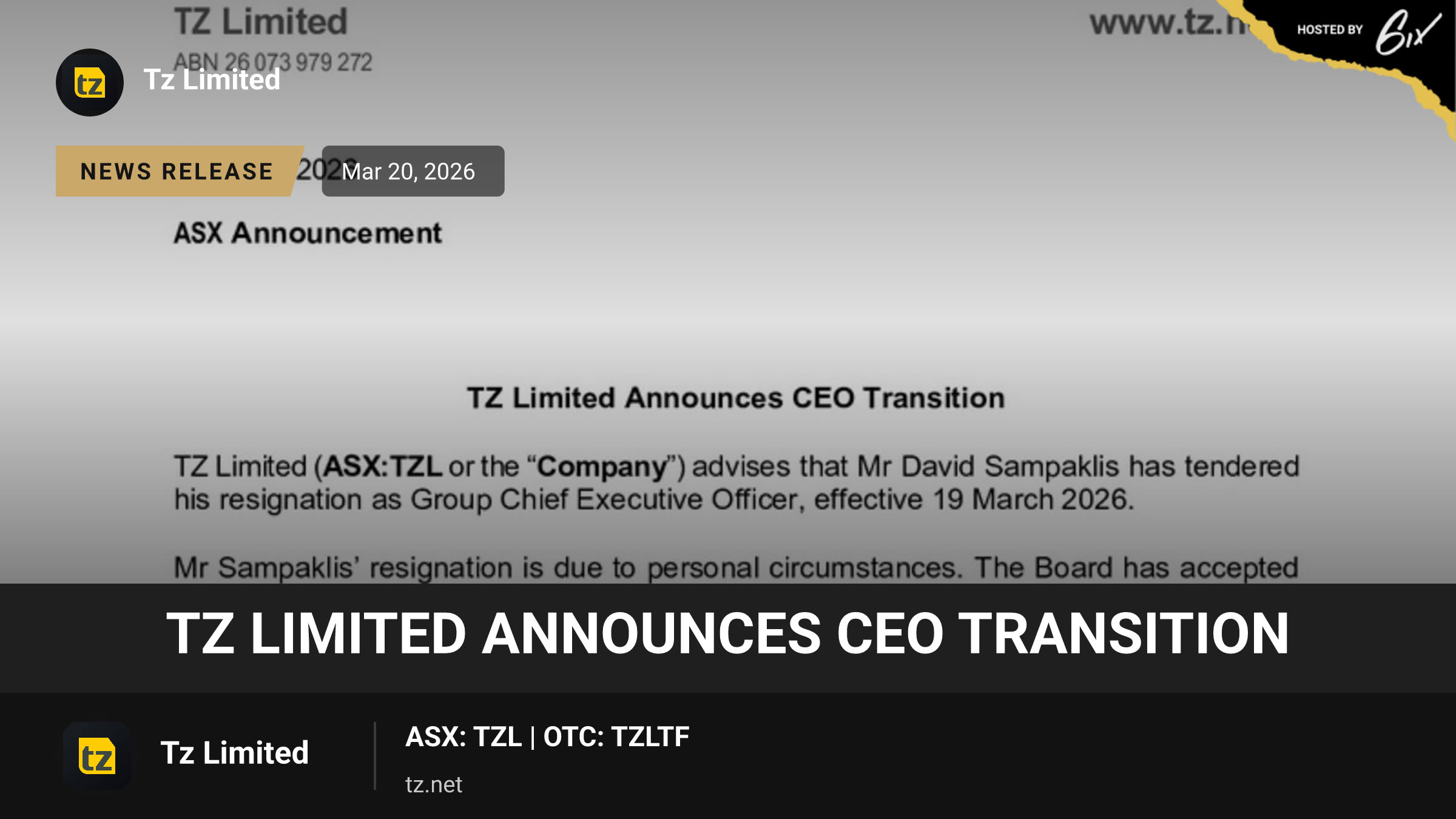TZ Limited Announces CEO Transition