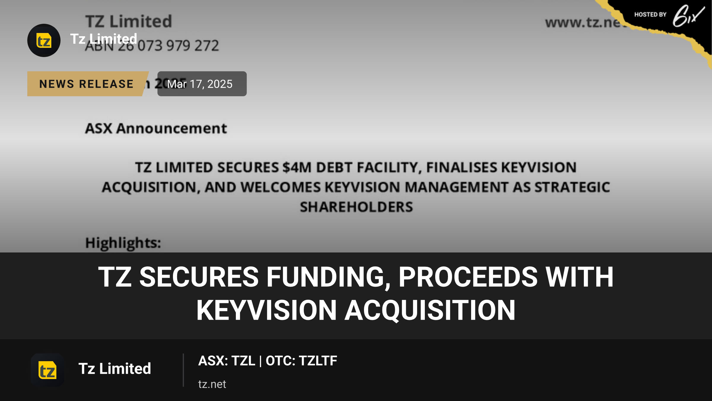 TZ Secures Funding, Proceeds with KeyVision Acquisition