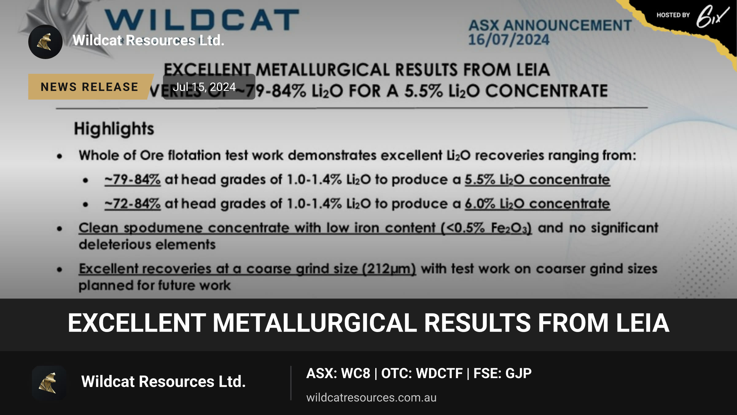 EXCELLENT METALLURGICAL RESULTS FROM LEIA