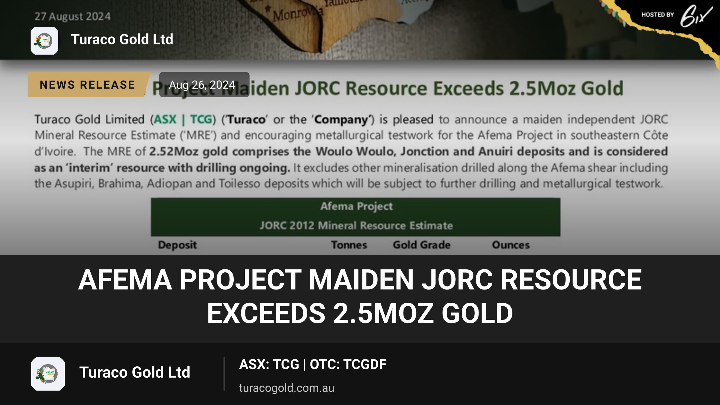 Afema Project Maiden JORC Resource Exceeds 2.5Moz Gold