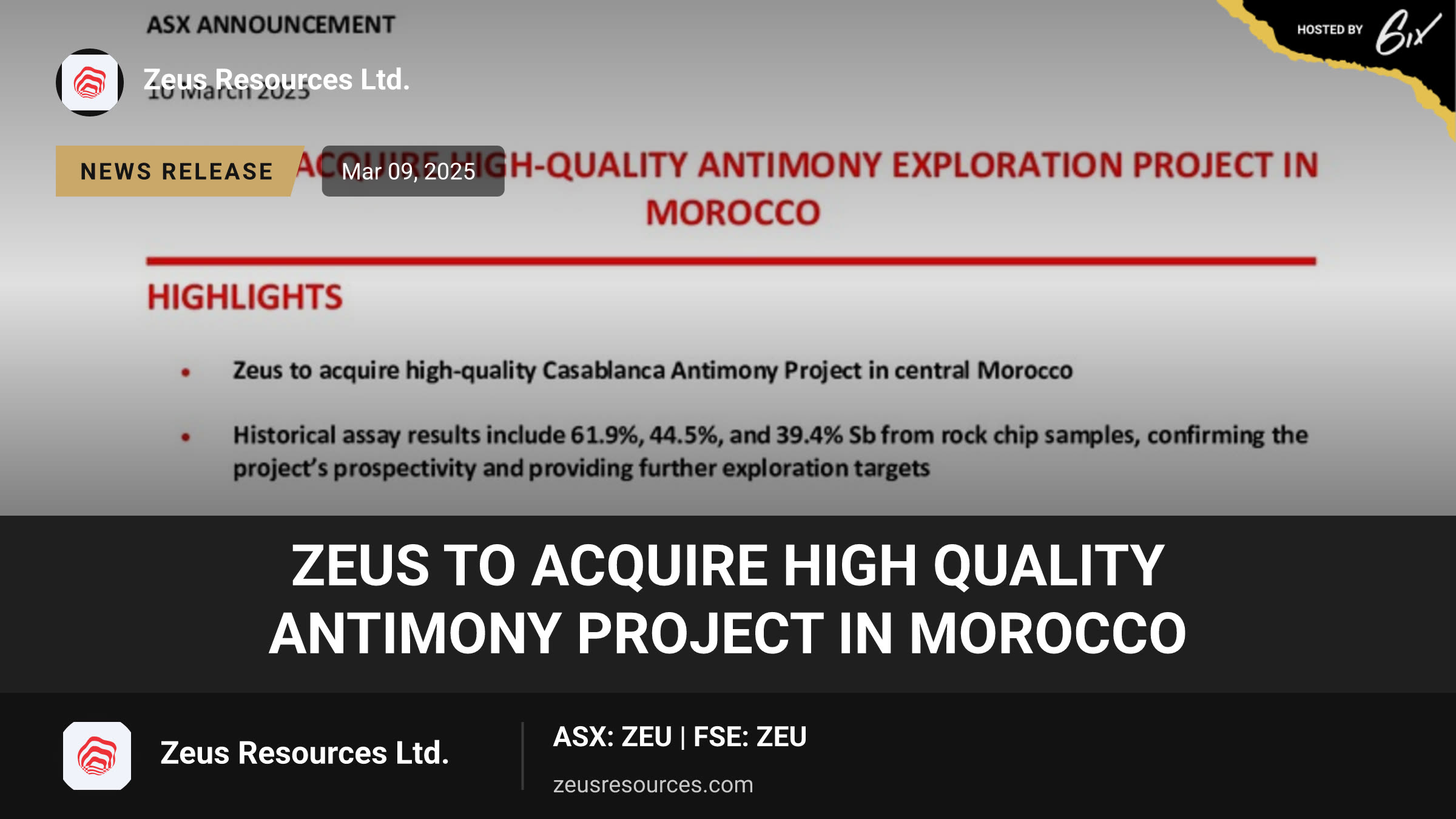 Zeus to acquire high quality antimony project in Morocco