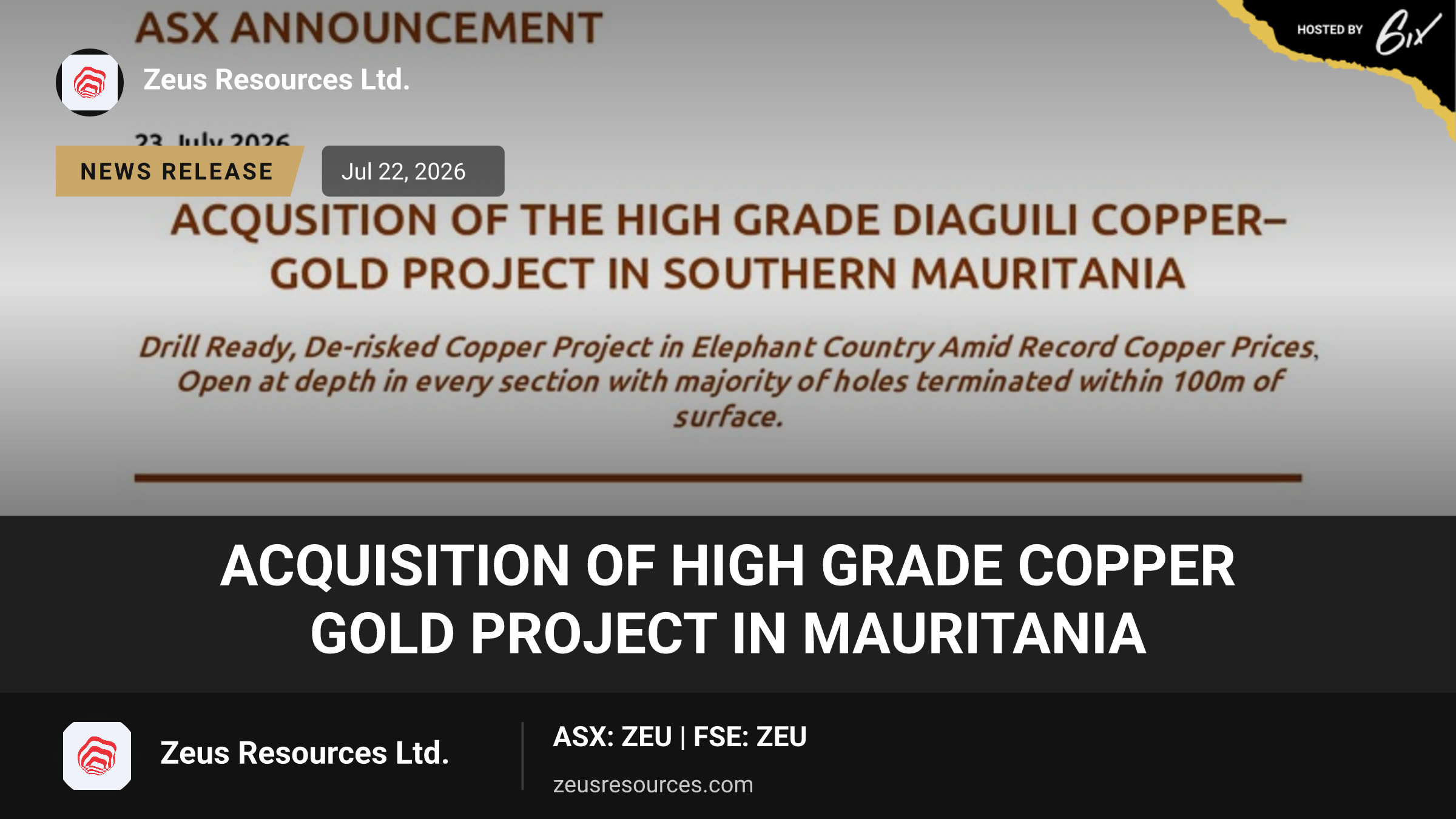 Acquisition of high grade copper gold project in Mauritania