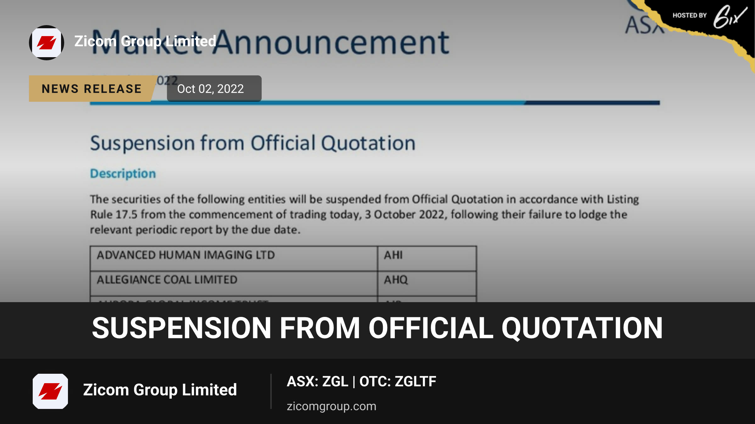 Suspension from Official Quotation