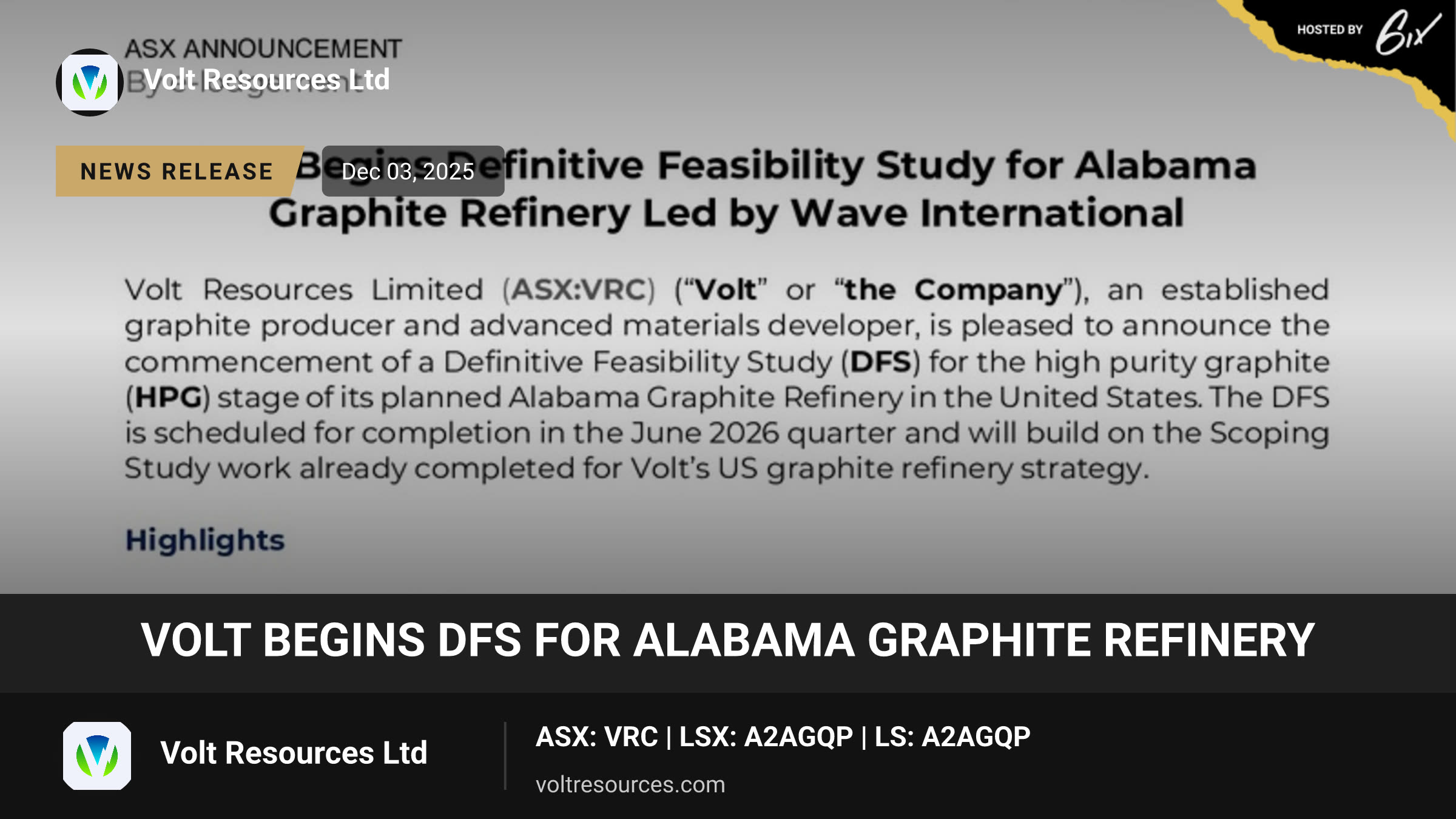 Volt Begins DFS for Alabama Graphite Refinery