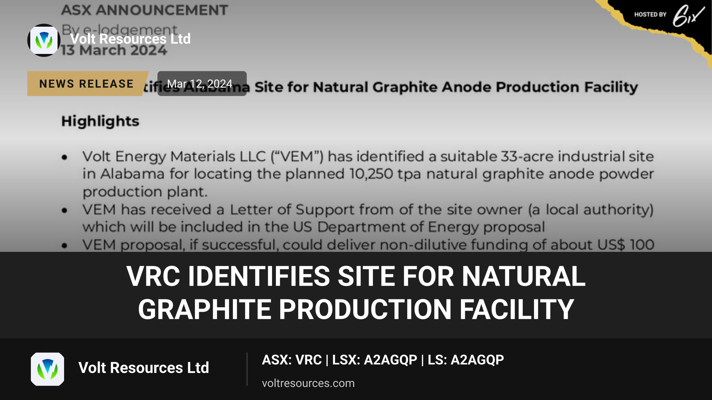 VRC Identifies Site for Natural Graphite Production Facility
