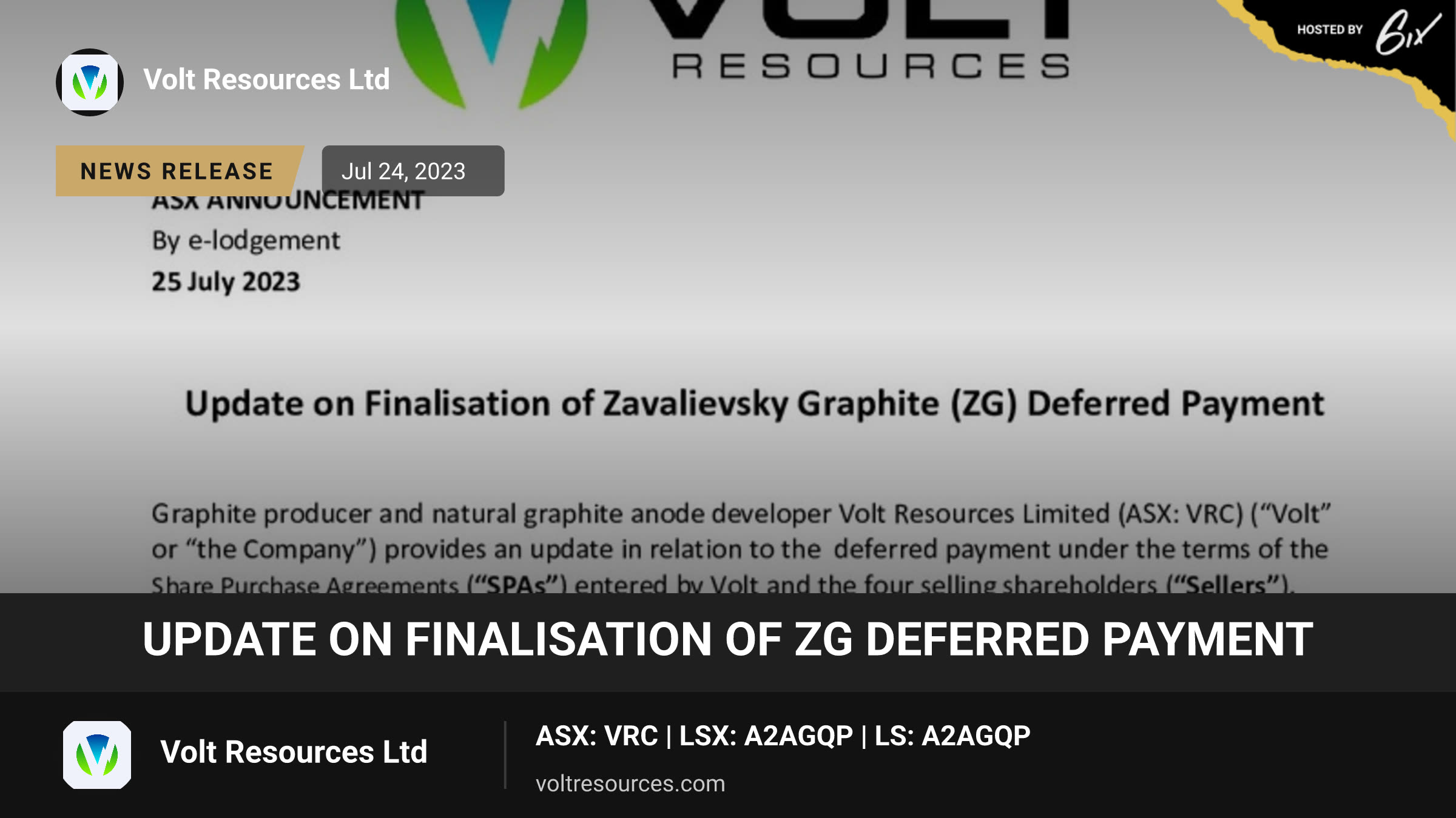 Update on Finalisation of ZG Deferred Payment