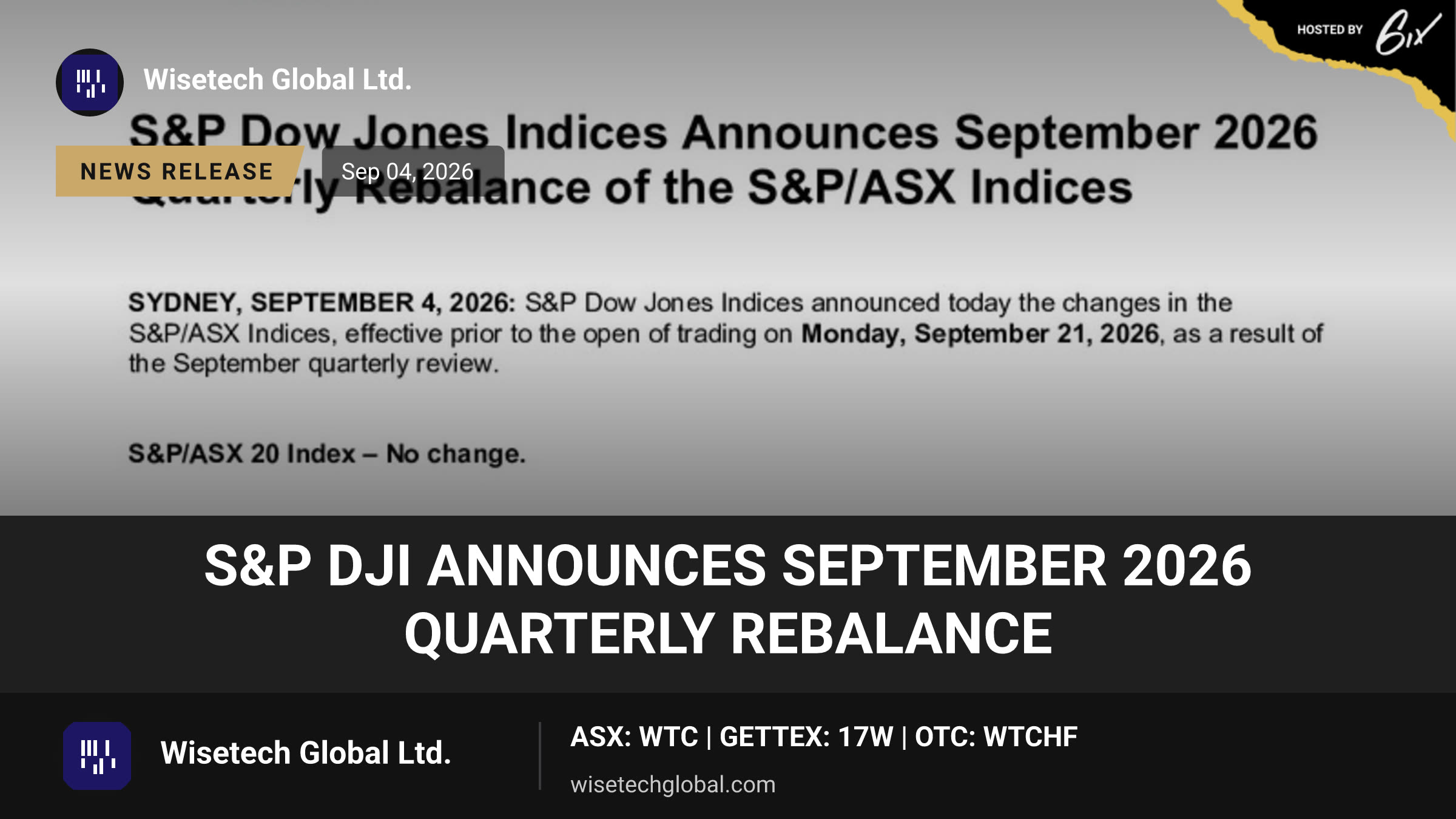 S&P DJI Announces September 2026 Quarterly Rebalance