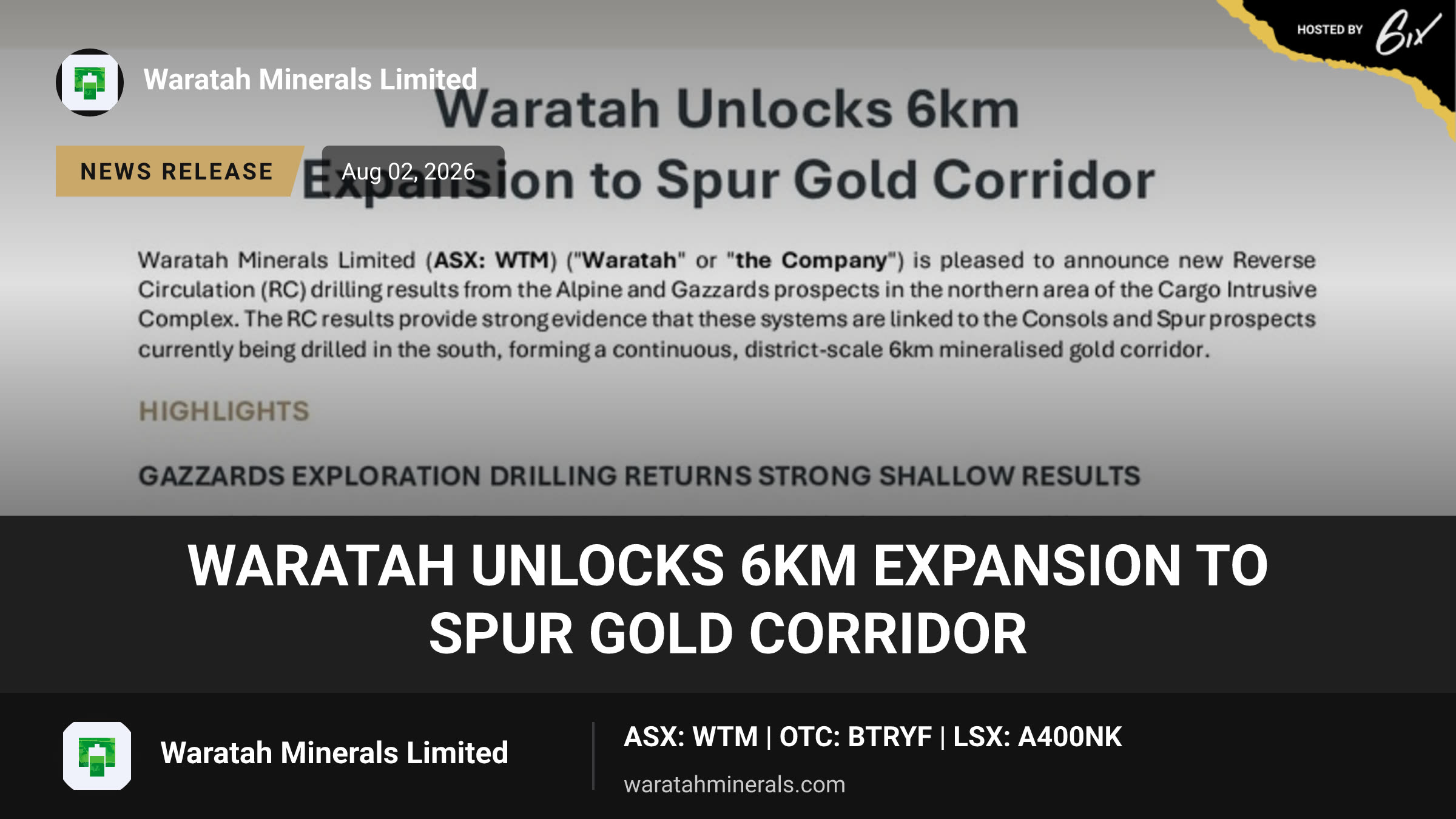 Waratah Unlocks 6km Expansion to Spur Gold Corridor