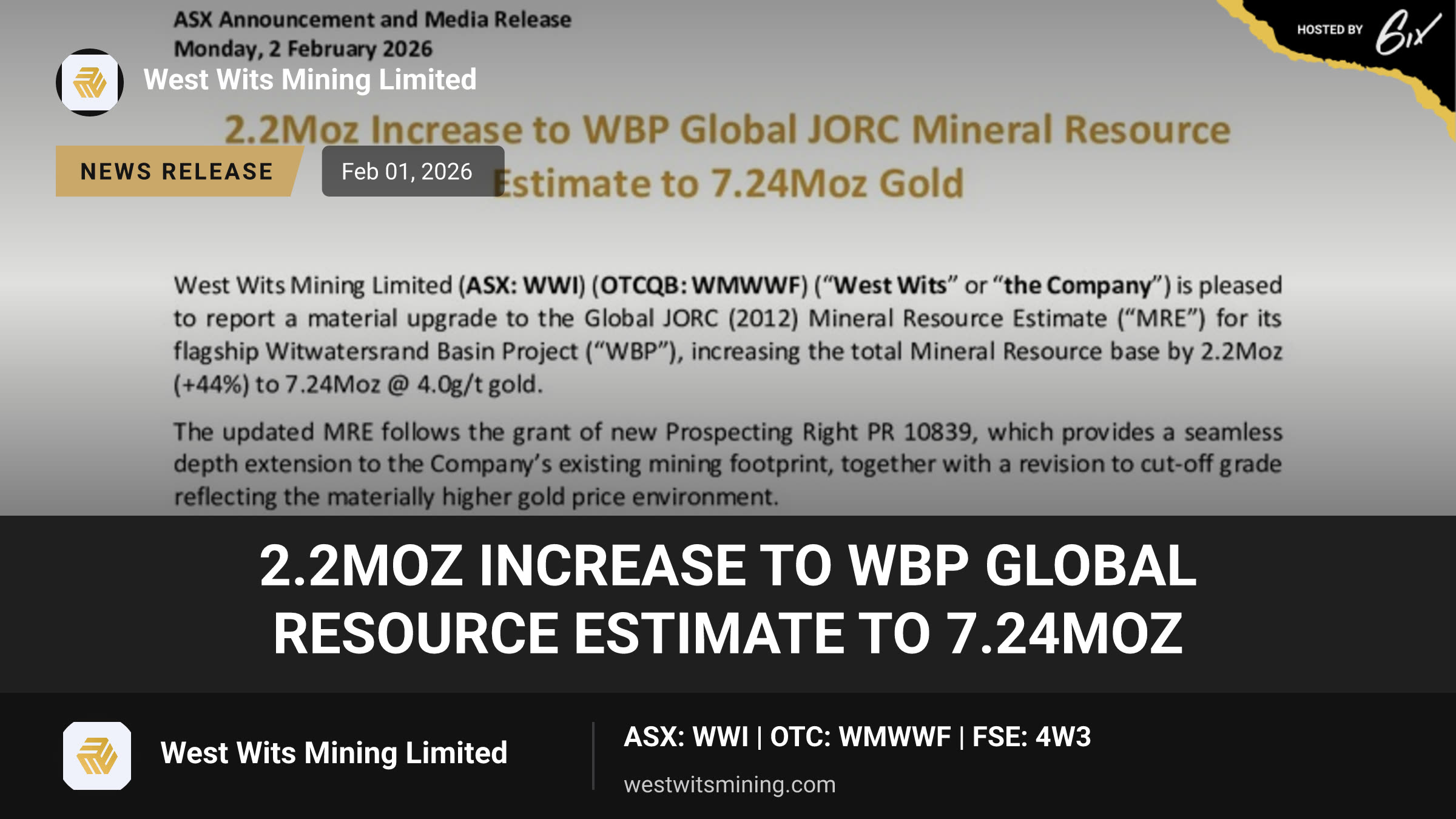 2.2Moz Increase to WBP Global Resource Estimate to 7.24Moz