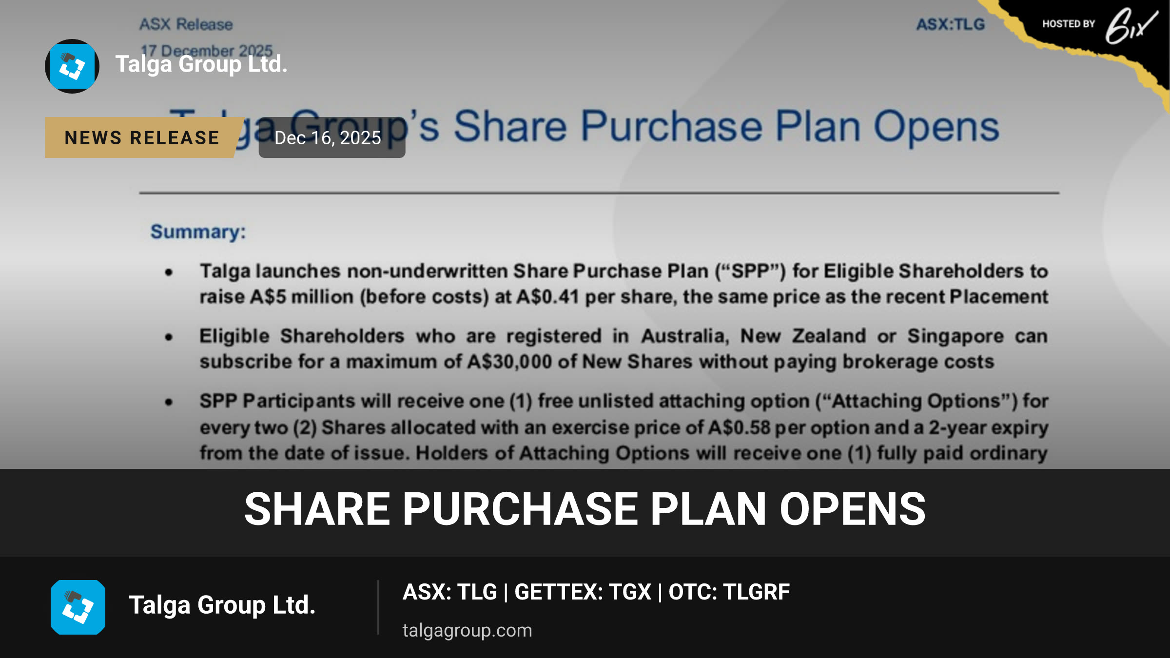 Share Purchase Plan Opens
