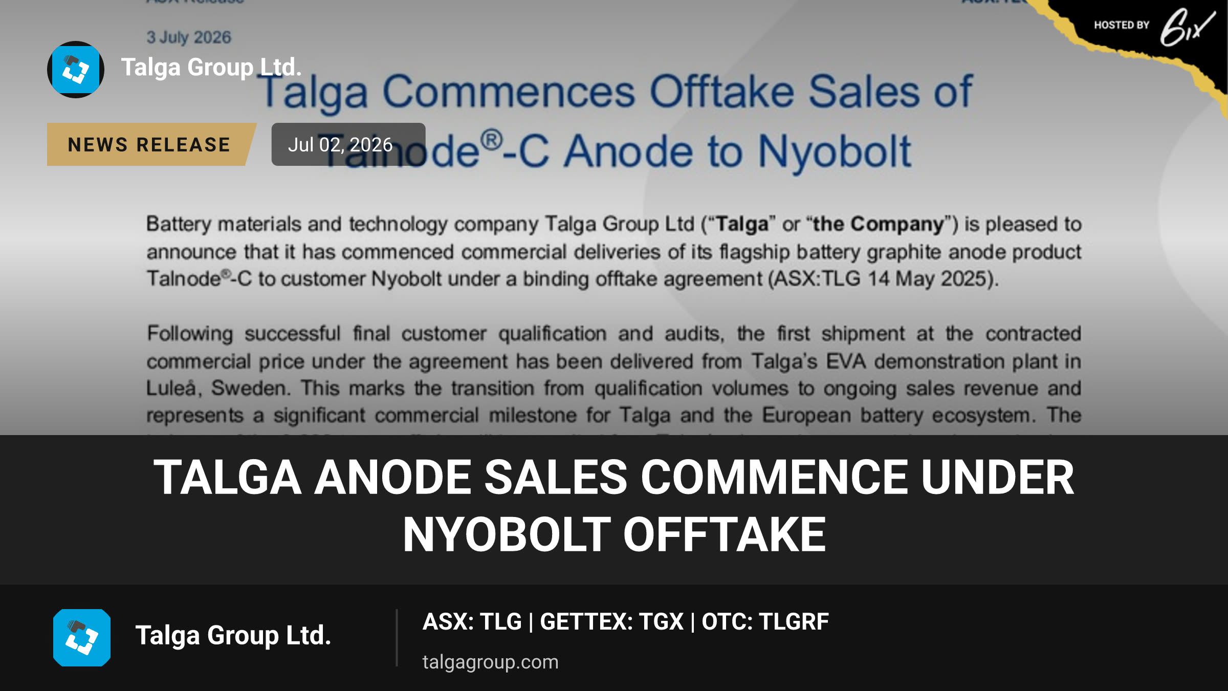 Talga Anode Sales Commence Under Nyobolt Offtake
