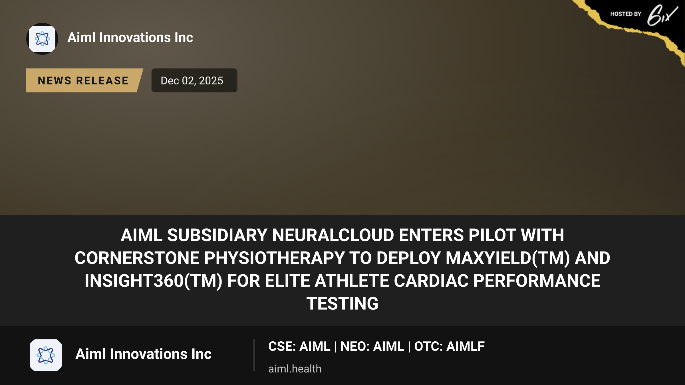 AIML Subsidiary NeuralCloud Enters Pilot with Cornerstone Physiotherapy to Deploy MaxYield(TM) and Insight360(TM) for Elite Athlete Cardiac Performance Testing