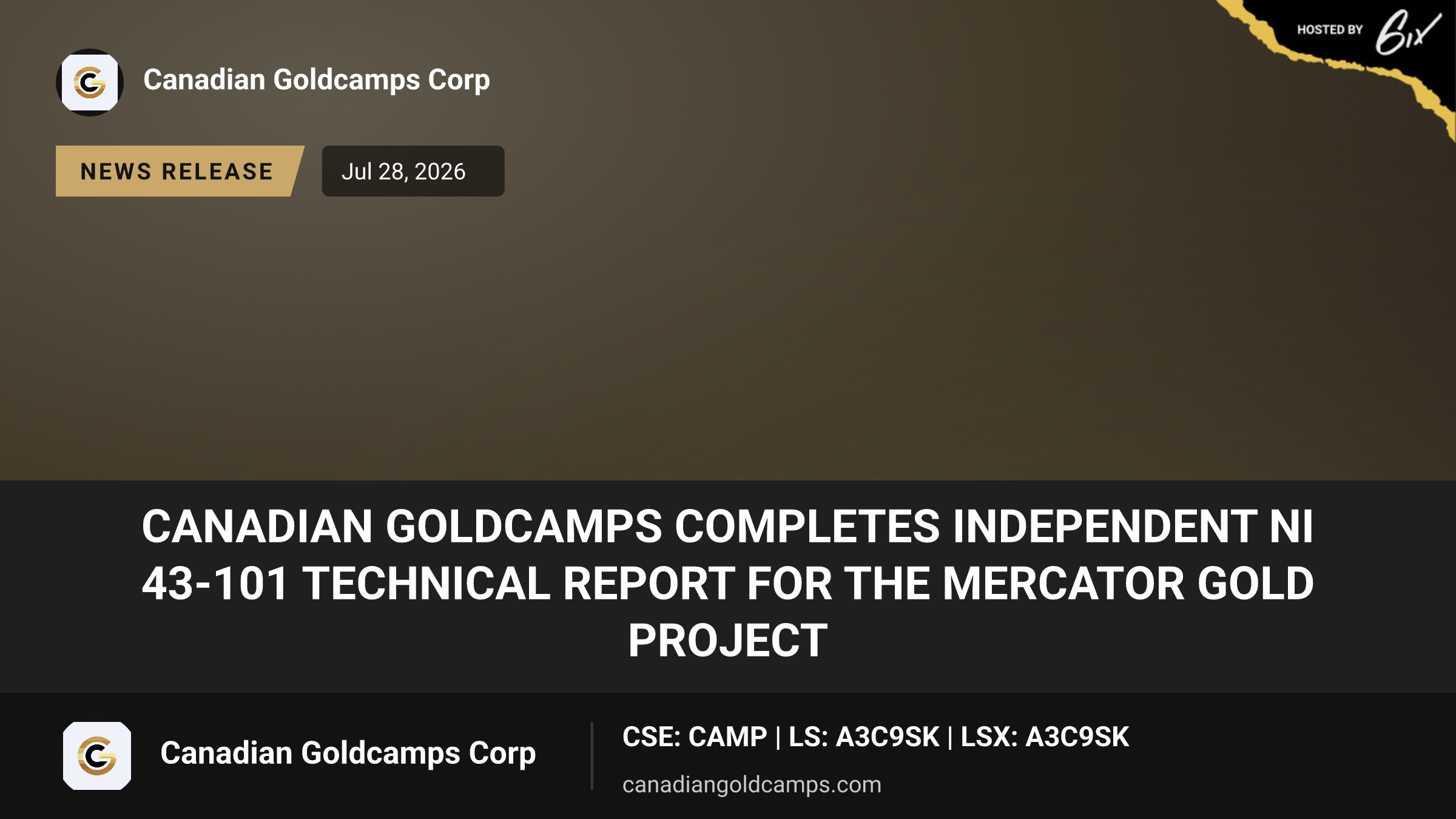Canadian GoldCamps Completes Independent NI 43-101 Technical Report for the Mercator Gold Project