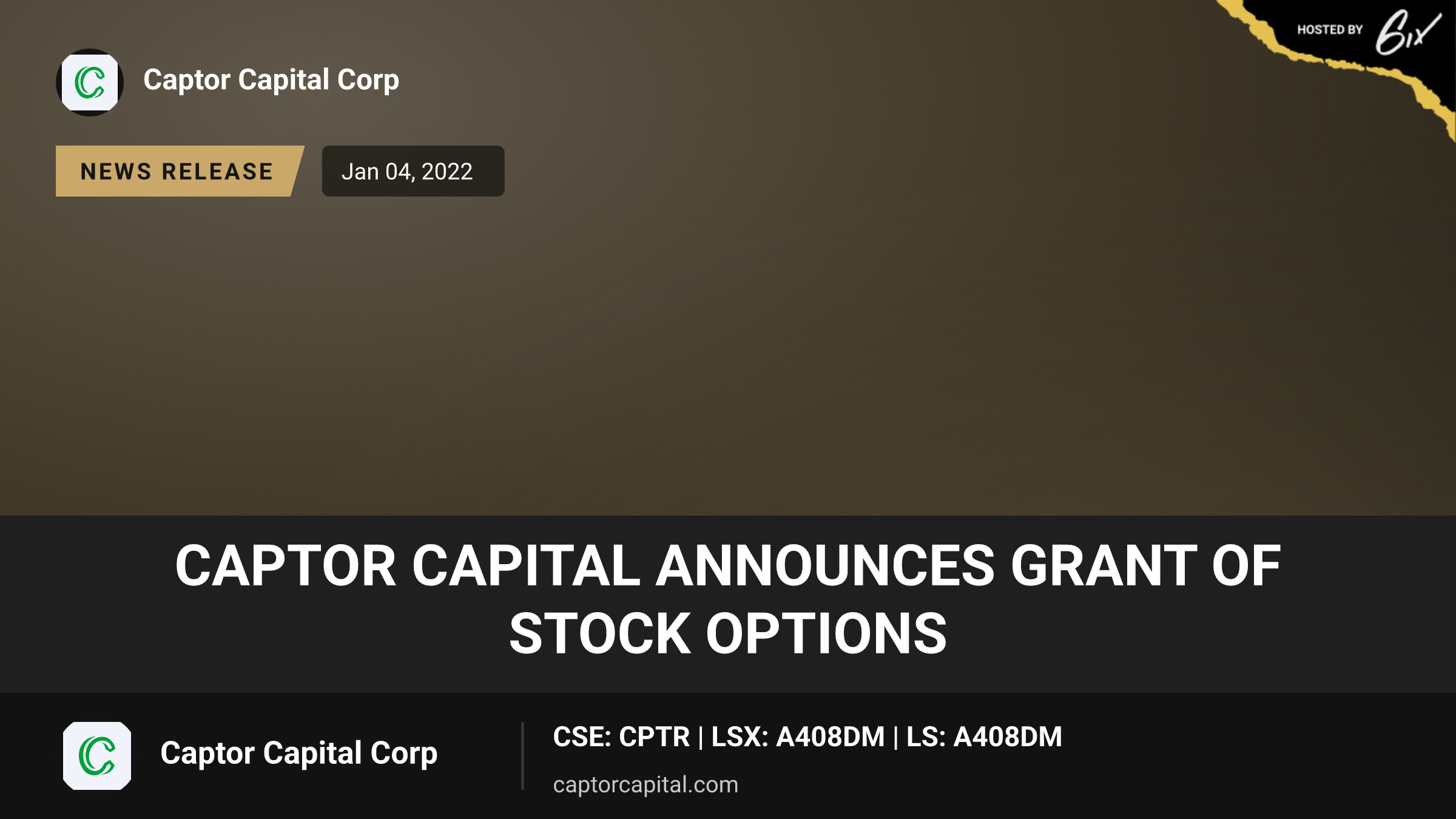Captor Capital Announces Grant of Stock Options